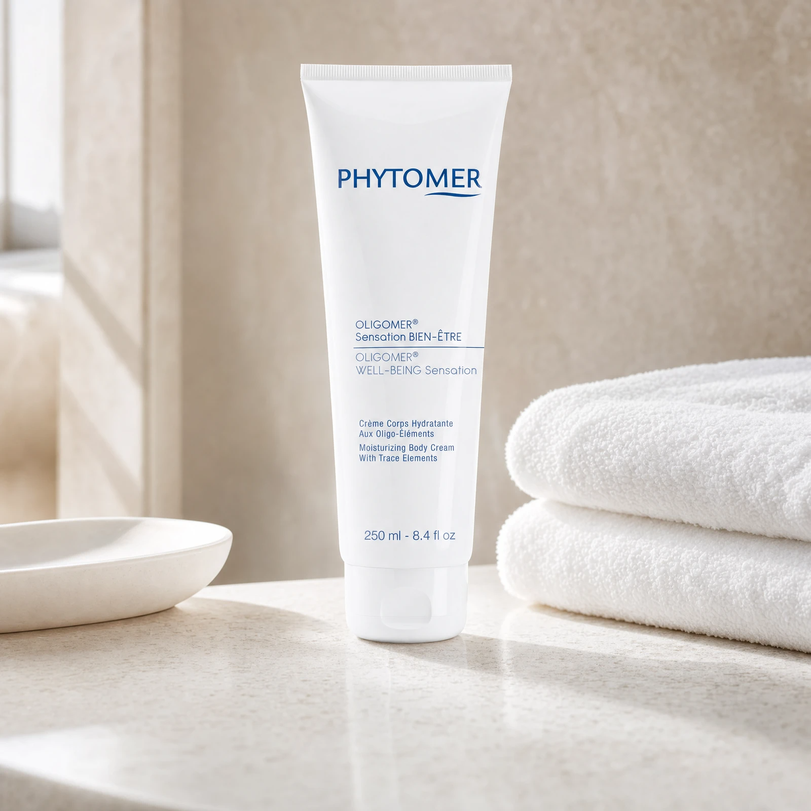 Phytomer Oligomer Well-Being Sensation Moisturizing Body Cream 250ml professional tube on a premium spa body care stone counter with white towels and ceramic dish
