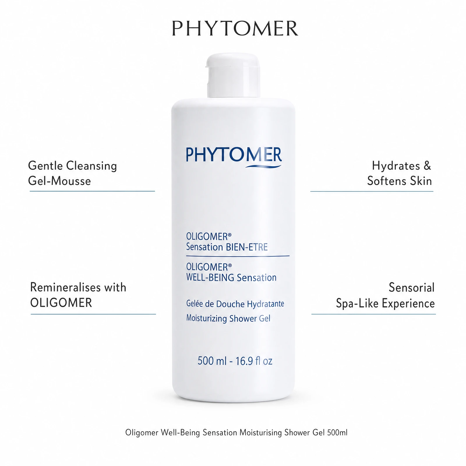 Phytomer Oligomer Well-Being Sensation Shower Gel 500ml with four professional benefit callouts: Gentle Cleansing Gel-Mousse, Remineralises with OLIGOMER, Hydrates and Softens Skin, Sensorial Spa-Like Experience