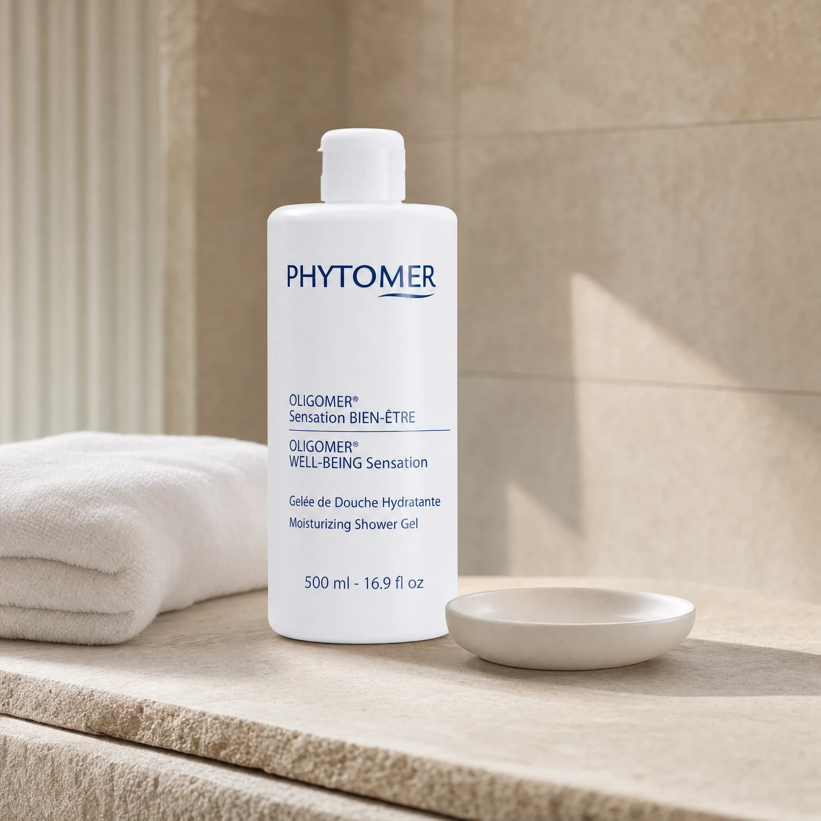 Phytomer Oligomer Well-Being Sensation Moisturising Shower Gel 500ml on a premium spa shower stone shelf with white towels and ceramic dish