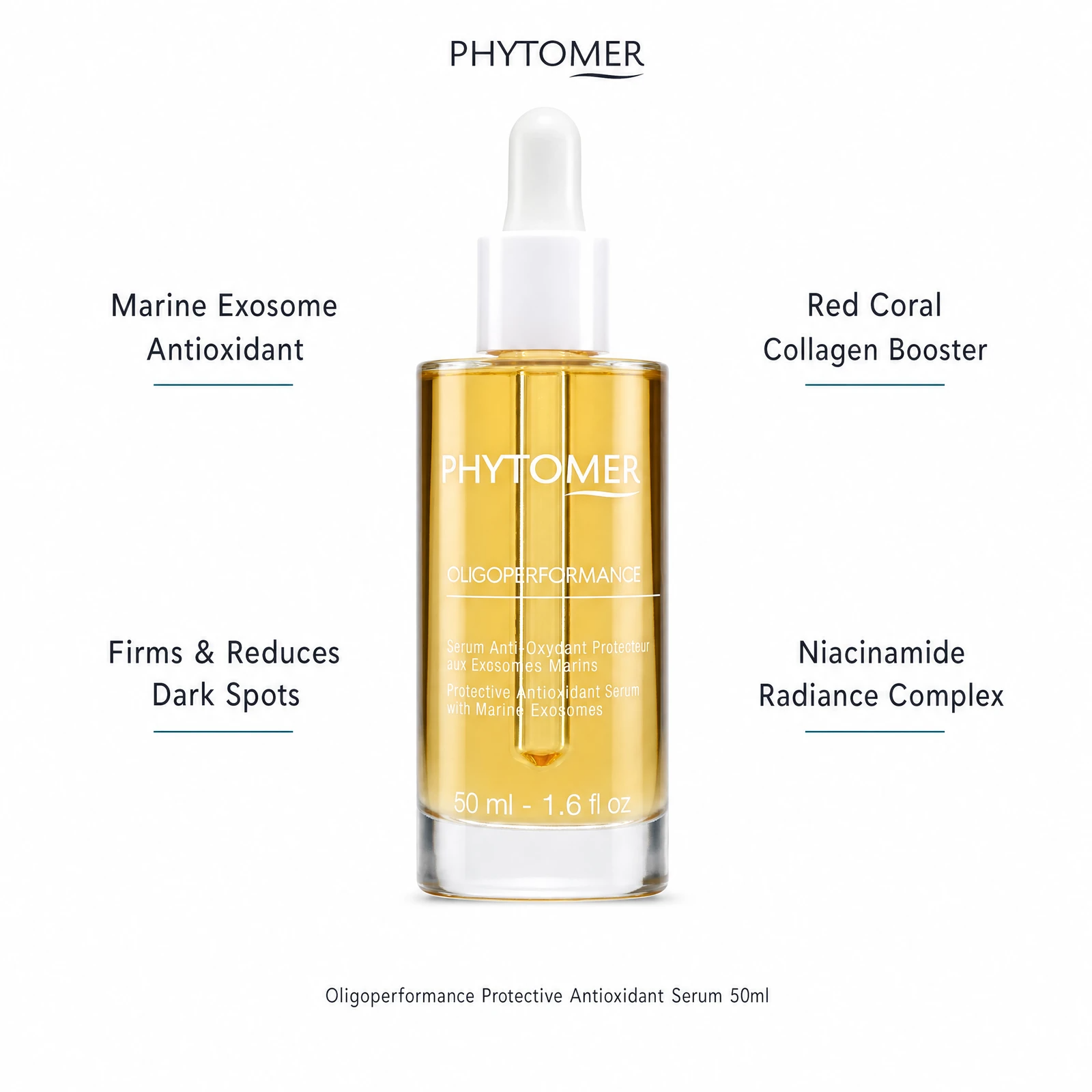 Phytomer Oligoperformance Protective Antioxidant Serum 50ml with four professional benefit callouts: Marine Exosome Antioxidant, Firms and Reduces Dark Spots, Red Coral Collagen Booster, Niacinamide Radiance Complex