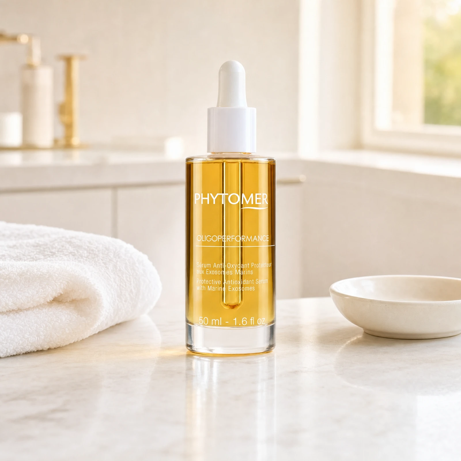 Phytomer Oligoperformance Protective Antioxidant Serum 50ml amber-golden dropper bottle on a premium beauty clinic marble counter with white spa towels and ceramic dish