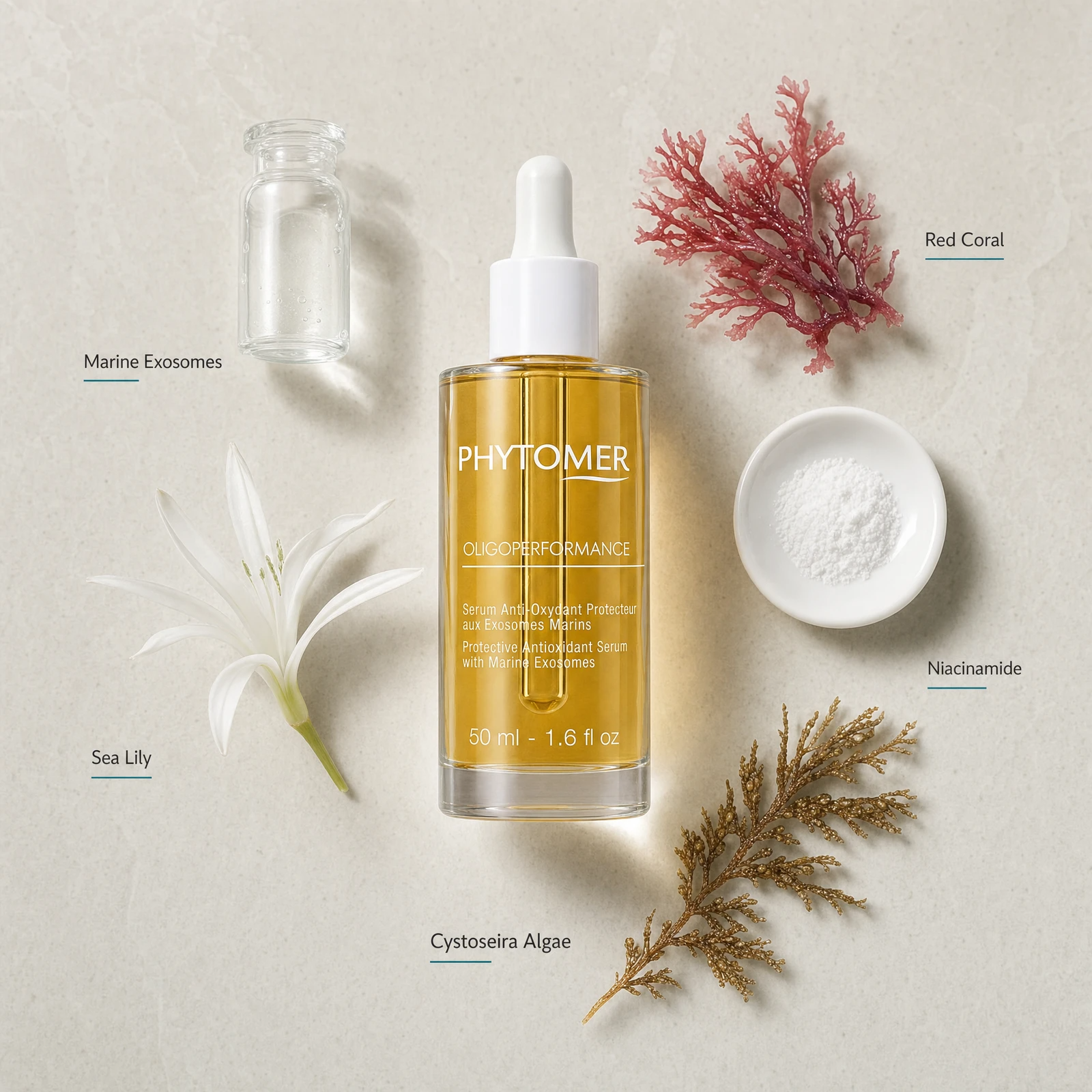 Phytomer Oligoperformance Protective Antioxidant Serum 50ml flatlay with key ingredients including Marine Exosomes, Red Coral, Sea Lily, Niacinamide and Cystoseira Algae