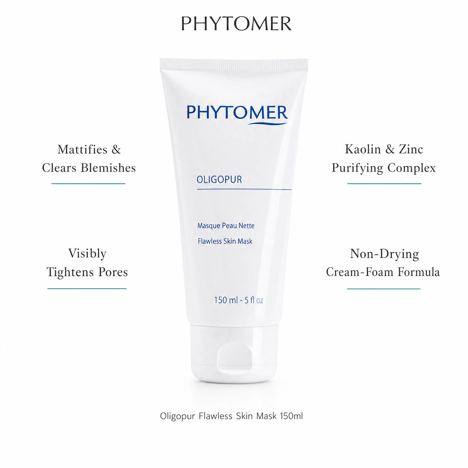 Phytomer Oligopur Flawless Skin Mask 150ml with four professional benefit callouts: Mattifies and Clears Blemishes, Visibly Tightens Pores, Kaolin and Zinc Purifying Complex, Non-Drying Cream-Foam Formula