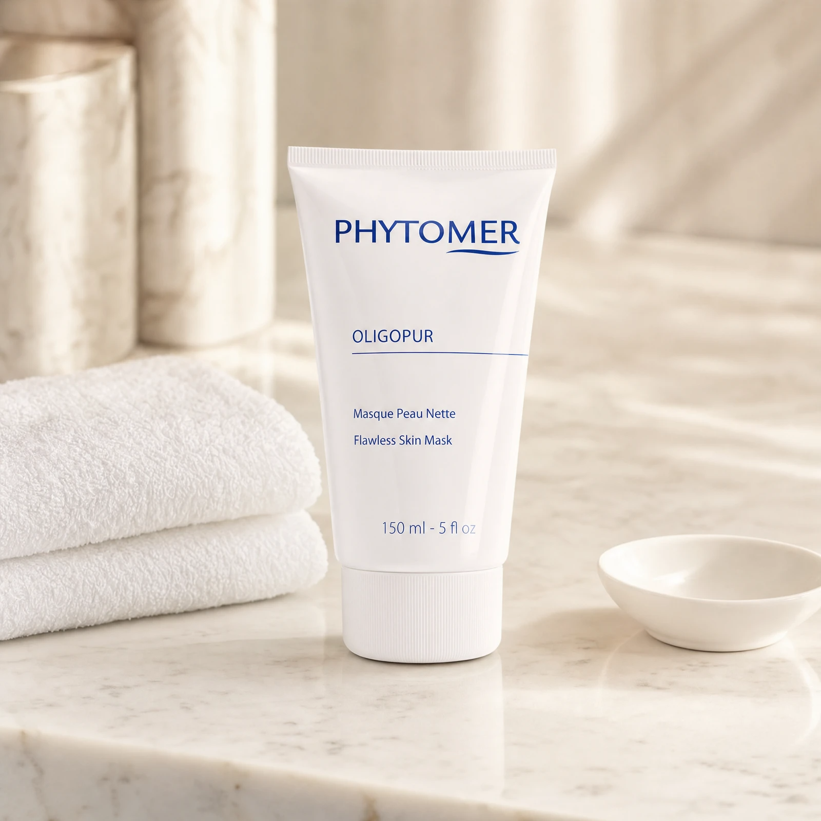 Phytomer Oligopur Flawless Skin Mask 150ml professional tube on a premium beauty clinic marble counter with white spa towels and ceramic dish