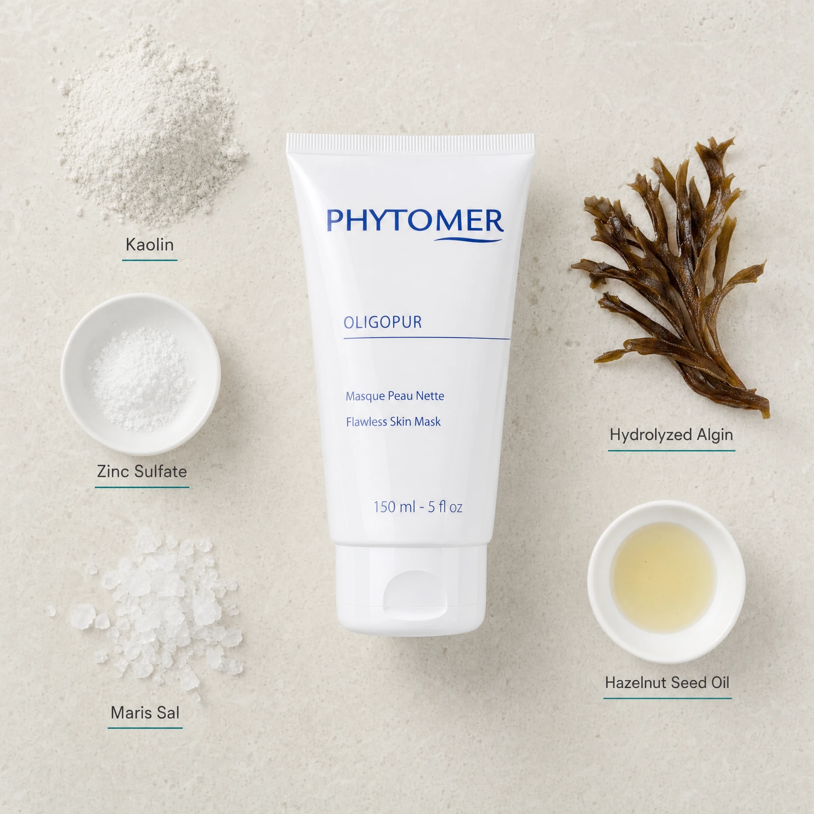 Phytomer Oligopur Flawless Skin Mask 150ml flatlay with key ingredients including Kaolin, Zinc Sulfate, Maris Sal, Hydrolyzed Algin and Hazelnut Seed Oil