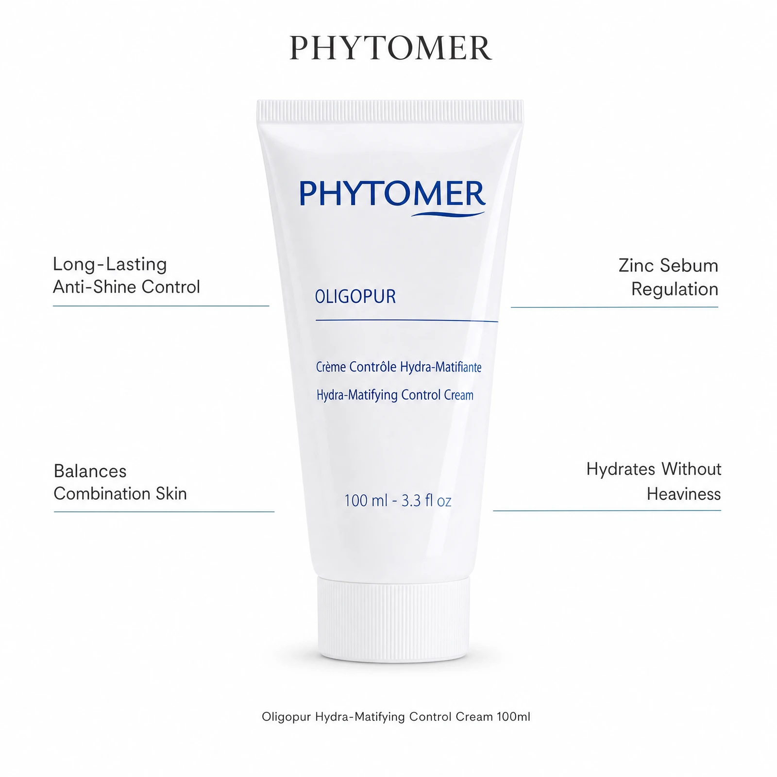 Phytomer Oligopur Hydra-Matifying Control Cream 100ml with four professional benefit callouts: Long-Lasting Anti-Shine Control, Balances Combination Skin, Zinc Sebum Regulation, Hydrates Without Heaviness