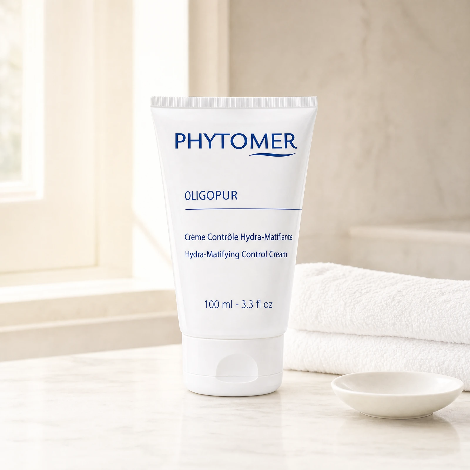 Phytomer Oligopur Hydra-Matifying Control Cream 100ml professional tube on a premium beauty clinic marble counter with white spa towels and ceramic dish