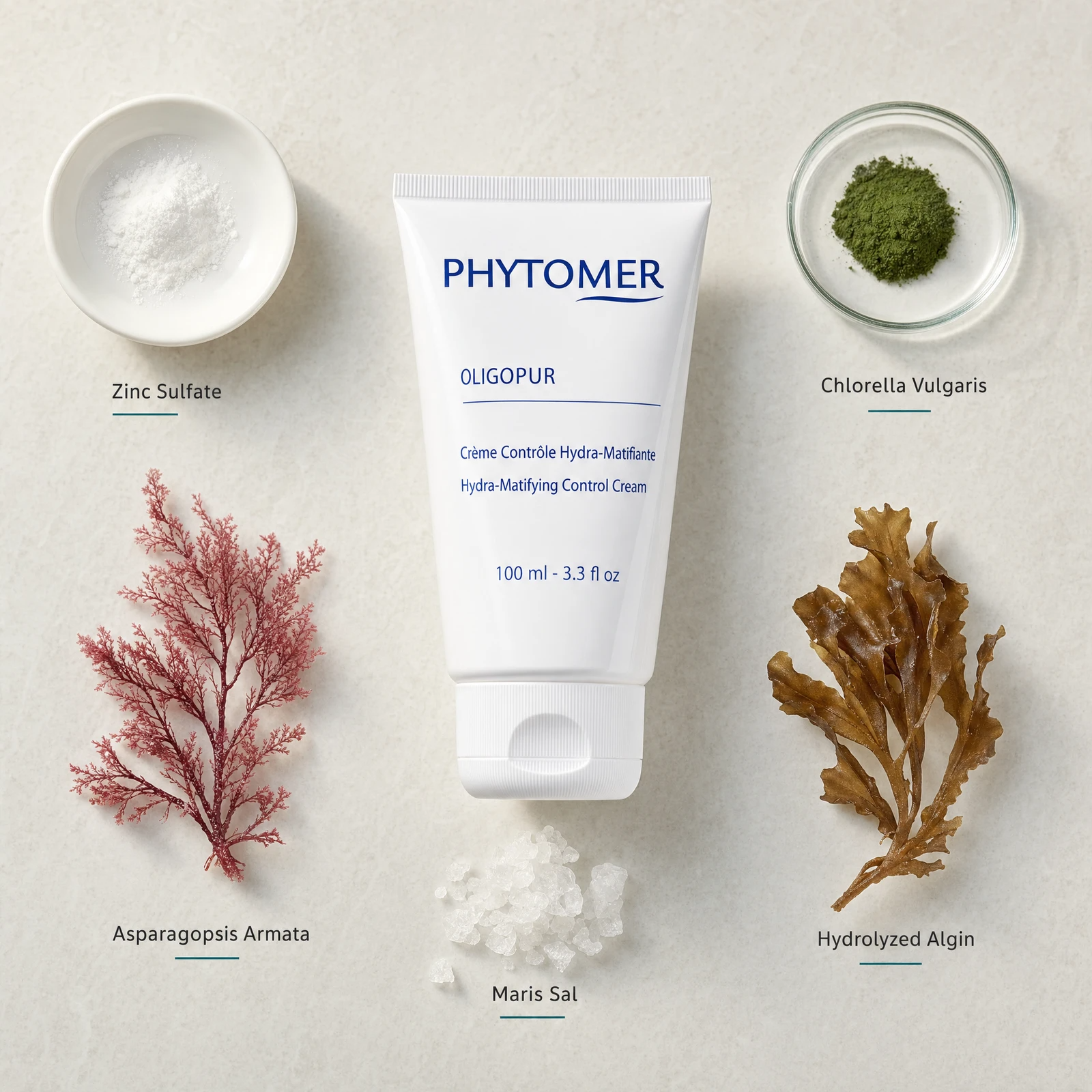 Phytomer Oligopur Hydra-Matifying Control Cream 100ml flatlay with key ingredients including Zinc Sulfate, Asparagopsis Armata red algae, Maris Sal sea salt, Chlorella Vulgaris and Hydrolyzed Algin