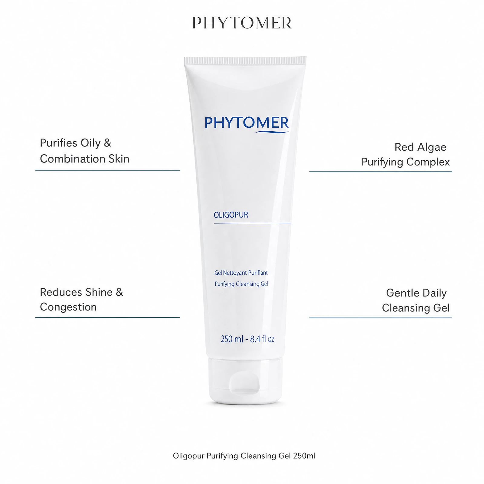 Phytomer Oligopur Purifying Cleansing Gel 250ml with four professional benefit callouts: Purifies Oily and Combination Skin, Reduces Shine and Congestion, Red Algae Purifying Complex, Gentle Daily Cleansing Gel
