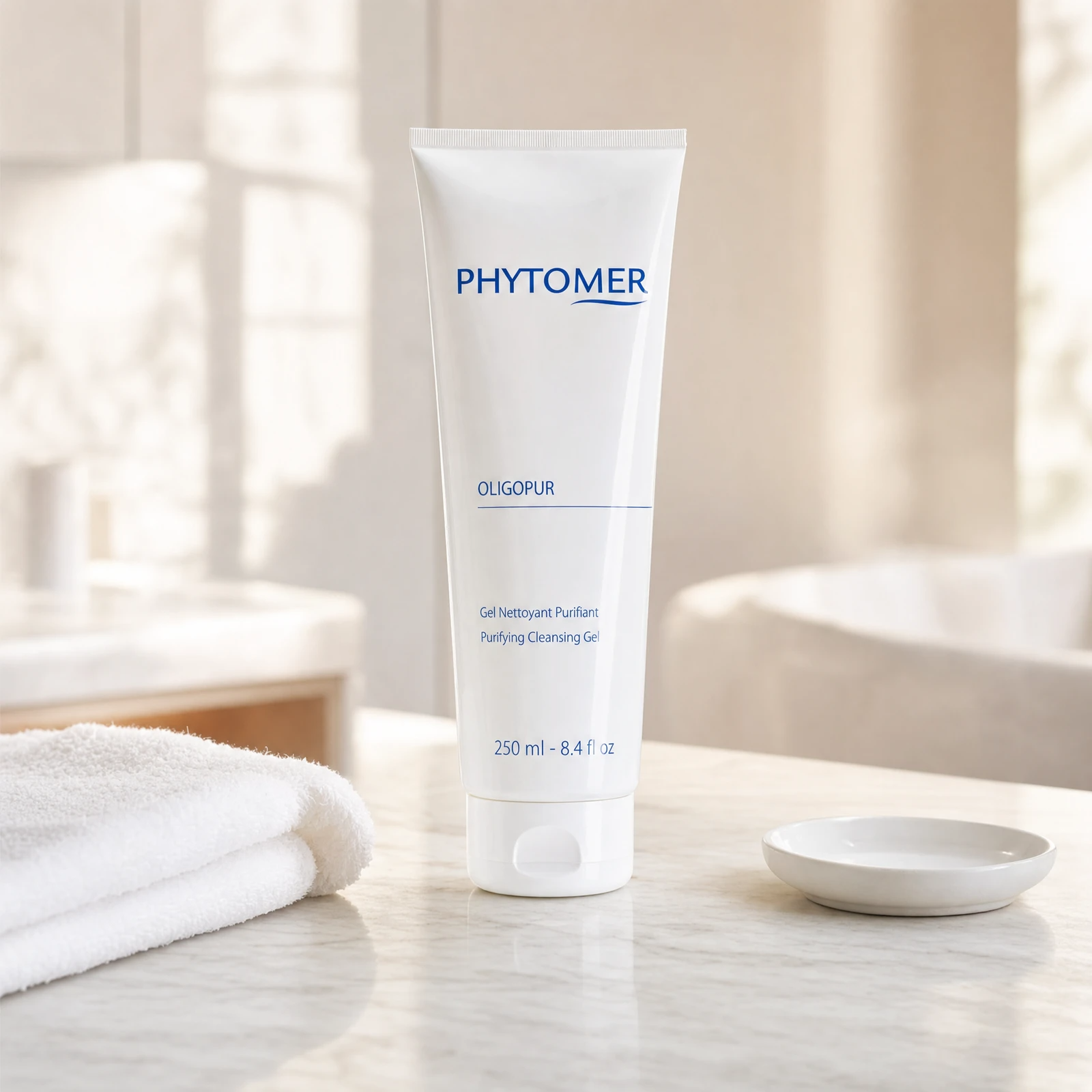 Phytomer Oligopur Purifying Cleansing Gel 250ml professional tube on a premium beauty clinic marble counter with white spa towels and ceramic dish