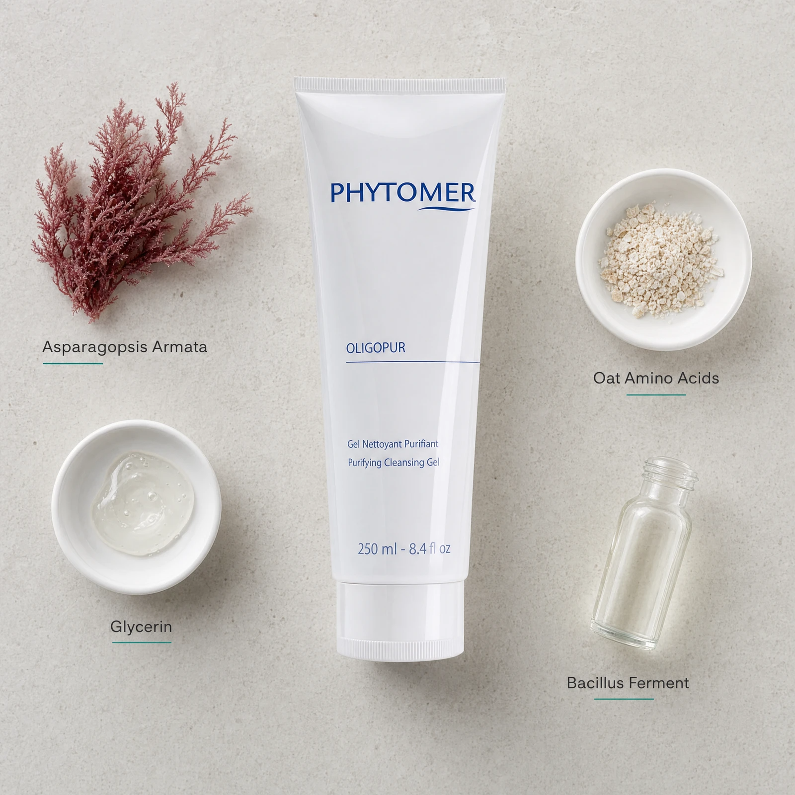 Phytomer Oligopur Purifying Cleansing Gel 250ml flatlay with key ingredients including Asparagopsis Armata red algae, Glycerin, Oat Amino Acids and Bacillus Fermen
