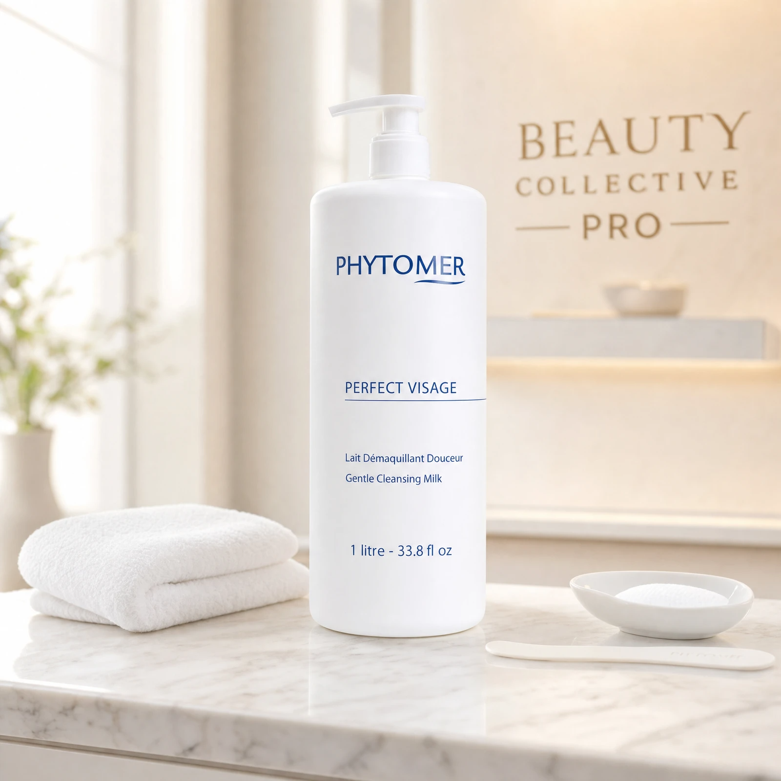 Phytomer Perfect Visage Gentle Cleansing Milk 1L on a professional beauty clinic treatment counter with white spa towel and ceramic dish