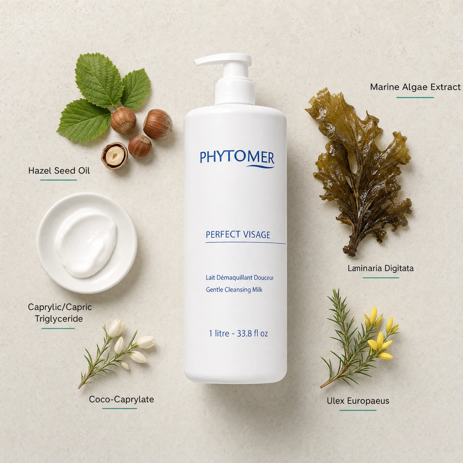 Phytomer Perfect Visage Gentle Cleansing Milk 1L flatlay with key ingredients including Hazel Seed Oil, Marine Algae Extract, Laminaria Digitata, Caprylic/Capric Triglyceride and Coco-Caprylate