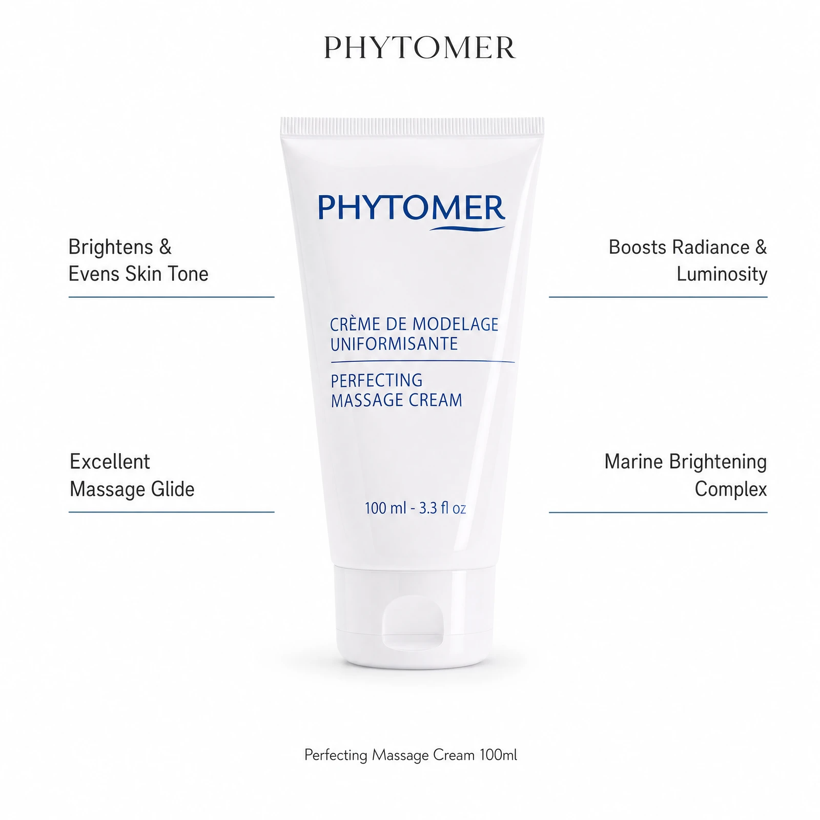 Phytomer Perfecting Massage Cream 100ml with four professional benefit callouts: Brightens and Evens Skin Tone, Excellent Massage Glide, Boosts Radiance and Luminosity, Marine Brightening Complex