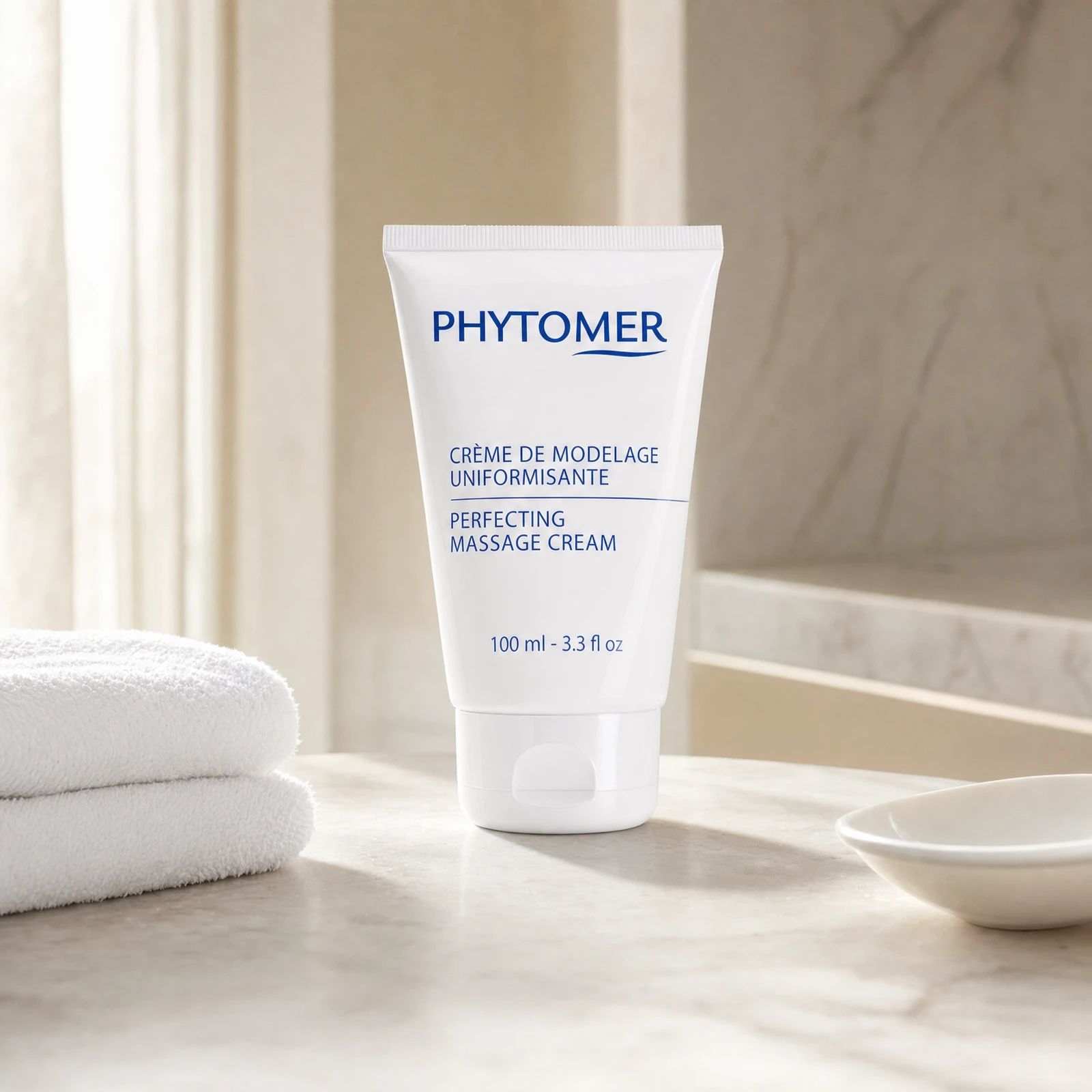 Phytomer Perfecting Massage Cream 100ml professional tube on a premium beauty clinic marble counter with white spa towels and ceramic dish