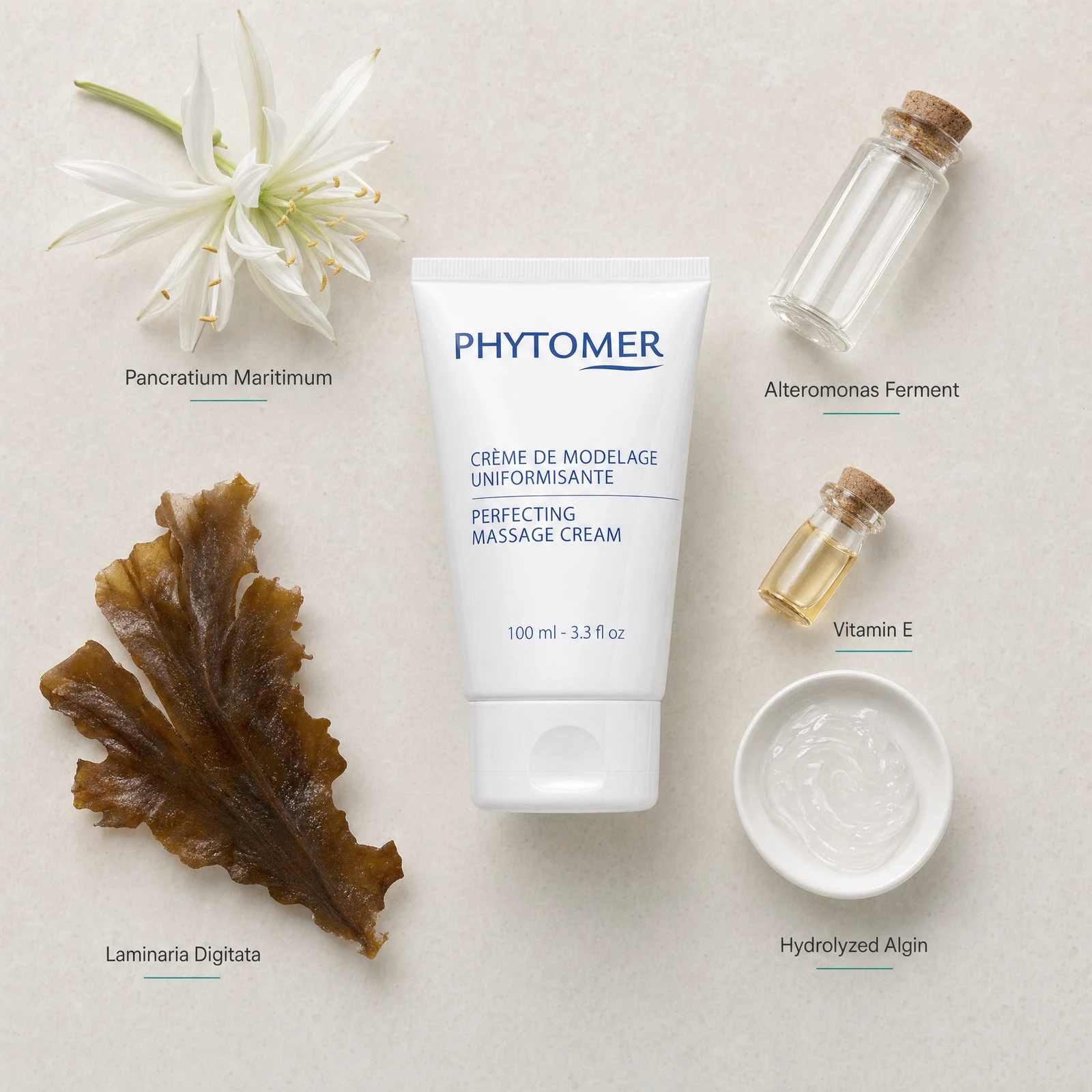 Phytomer Perfecting Massage Cream 100ml flatlay with key ingredients including Pancratium Maritimum sea lily, Alteromonas Ferment, Laminaria Digitata, Vitamin E and Hydrolyzed Algin