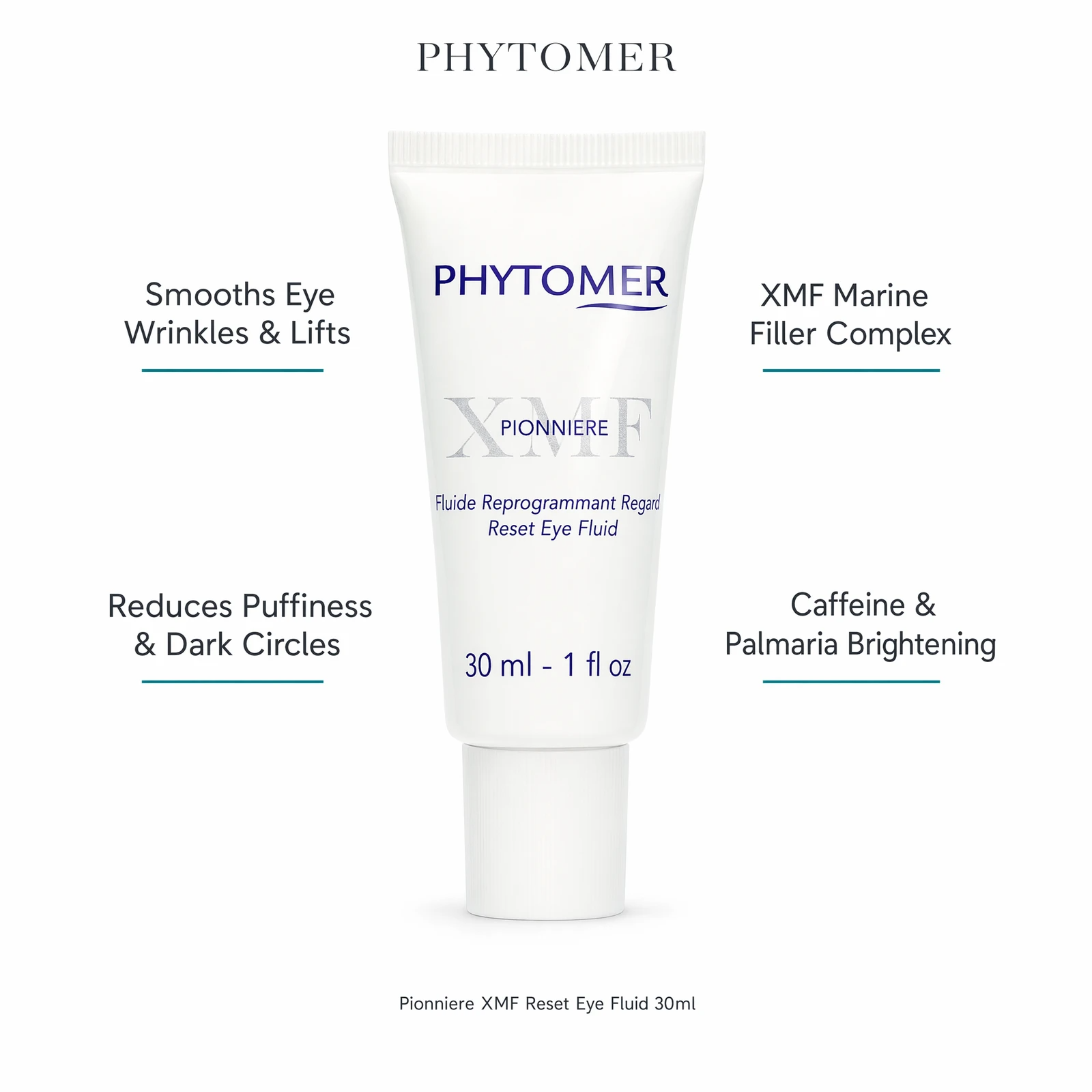 Phytomer Pionniere XMF Reset Eye Fluid 30ml with four professional benefit callouts: Smooths Eye Wrinkles and Lifts, Reduces Puffiness and Dark Circles, XMF Marine Filler Complex, Caffeine and Palmaria Brightening