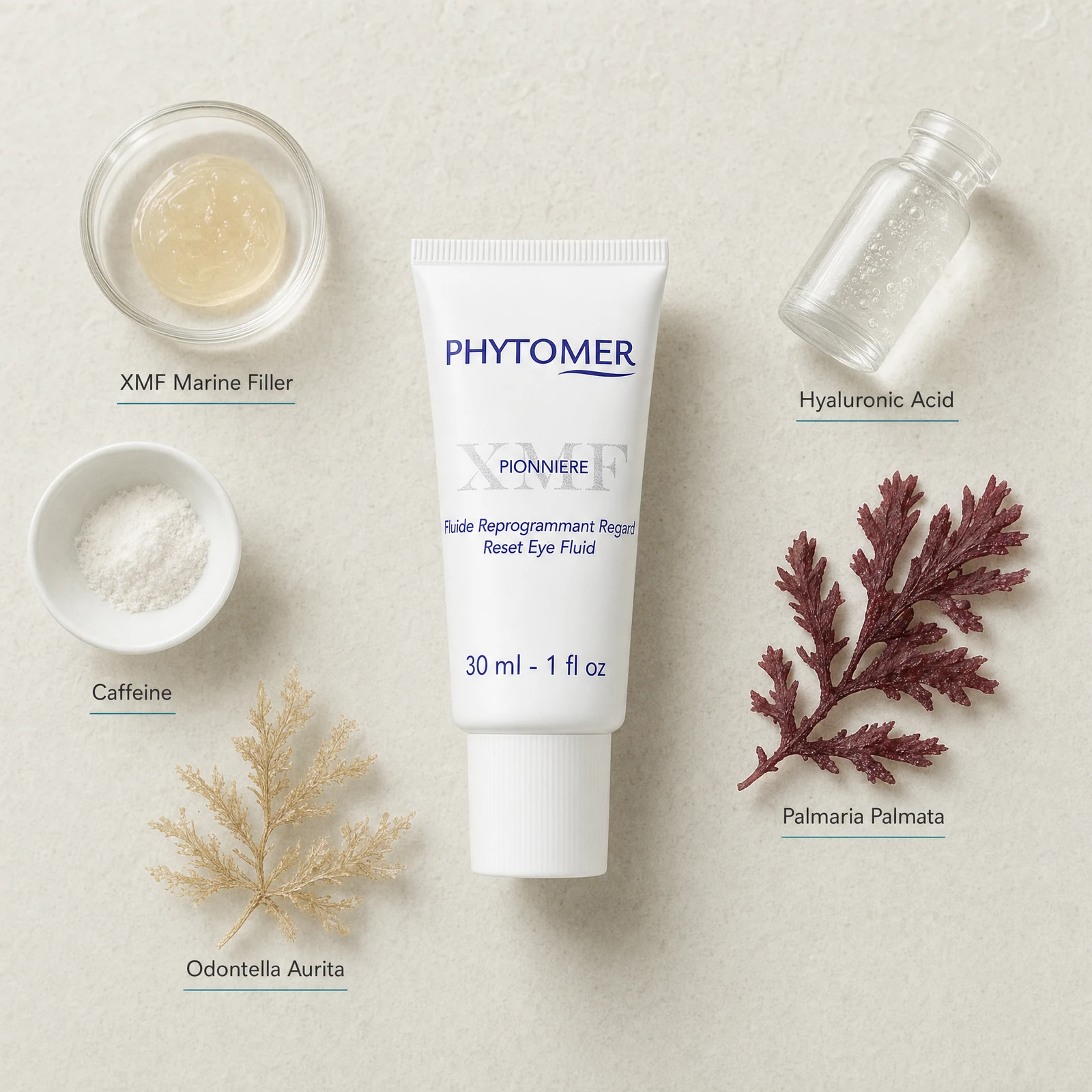 Phytomer Pionniere XMF Reset Eye Fluid 30ml flatlay with key ingredients including XMF Marine Filler, Hyaluronic Acid, Caffeine, Palmaria Palmata red algae and Odontella Aurita