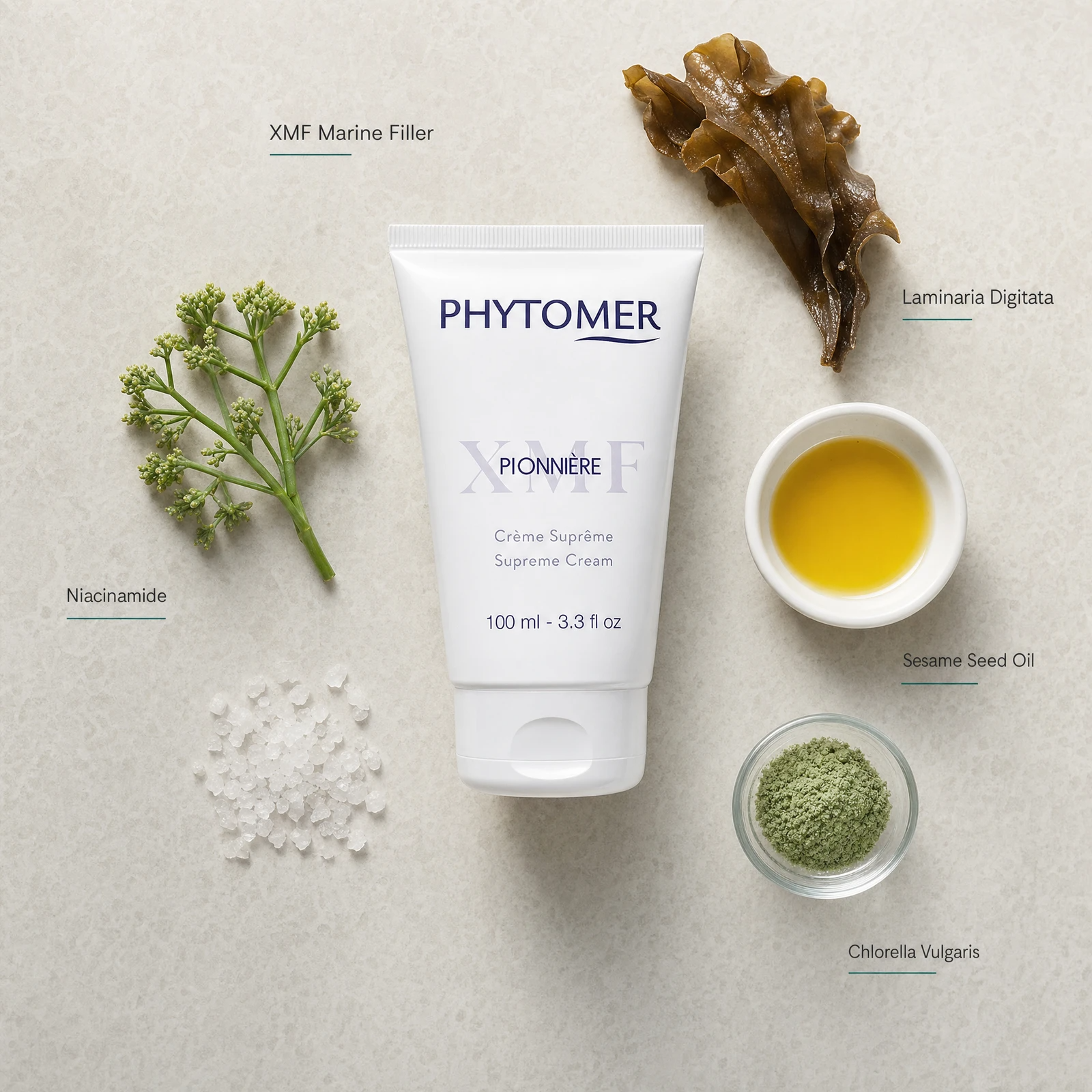 Phytomer Pionniere XMF Supreme Cream 100ml flatlay with key ingredients including XMF Marine Filler, Laminaria Digitata, Niacinamide, Sesame Seed Oil and Chlorella Vulgaris