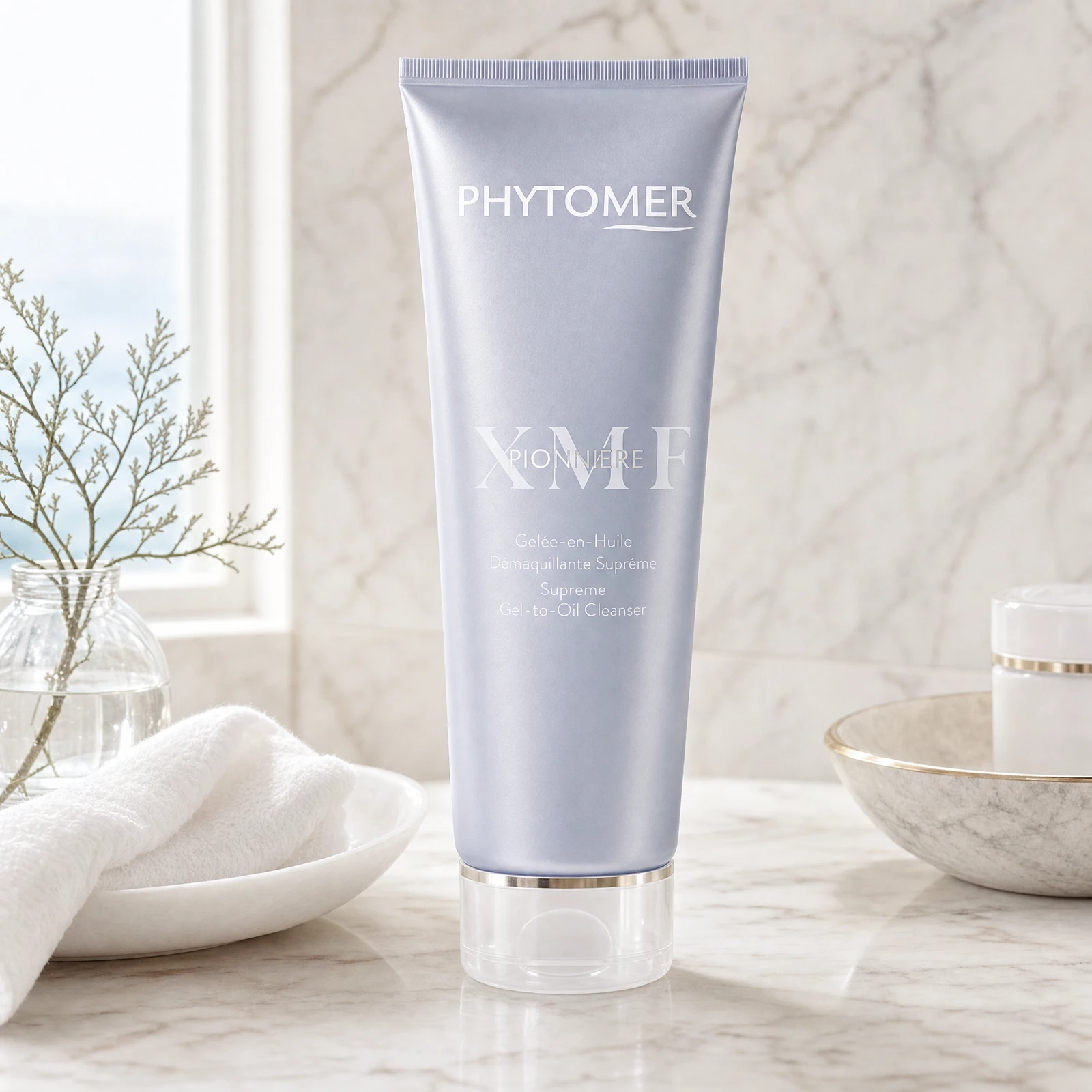 Phytomer Pionniere XMF Supreme Gel-to-Oil Cleanser 150ml on a marble bathroom vanity with coastal botanical in glass vessel, white ceramic dish and white towels, premium at-home skincare setting