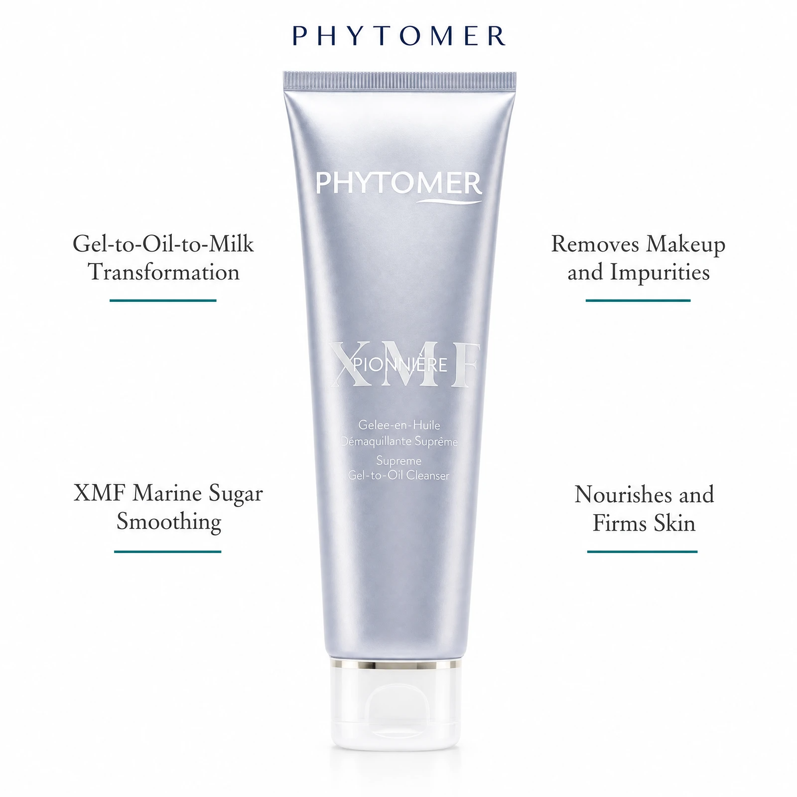 Phytomer Pionniere XMF Supreme Gel-to-Oil Cleanser 150ml with four benefit callouts: Gel-to-Oil-to-Milk Transformation, XMF Marine Sugar Smoothing, Removes Makeup and Impurities, Nourishes and Firms Skin