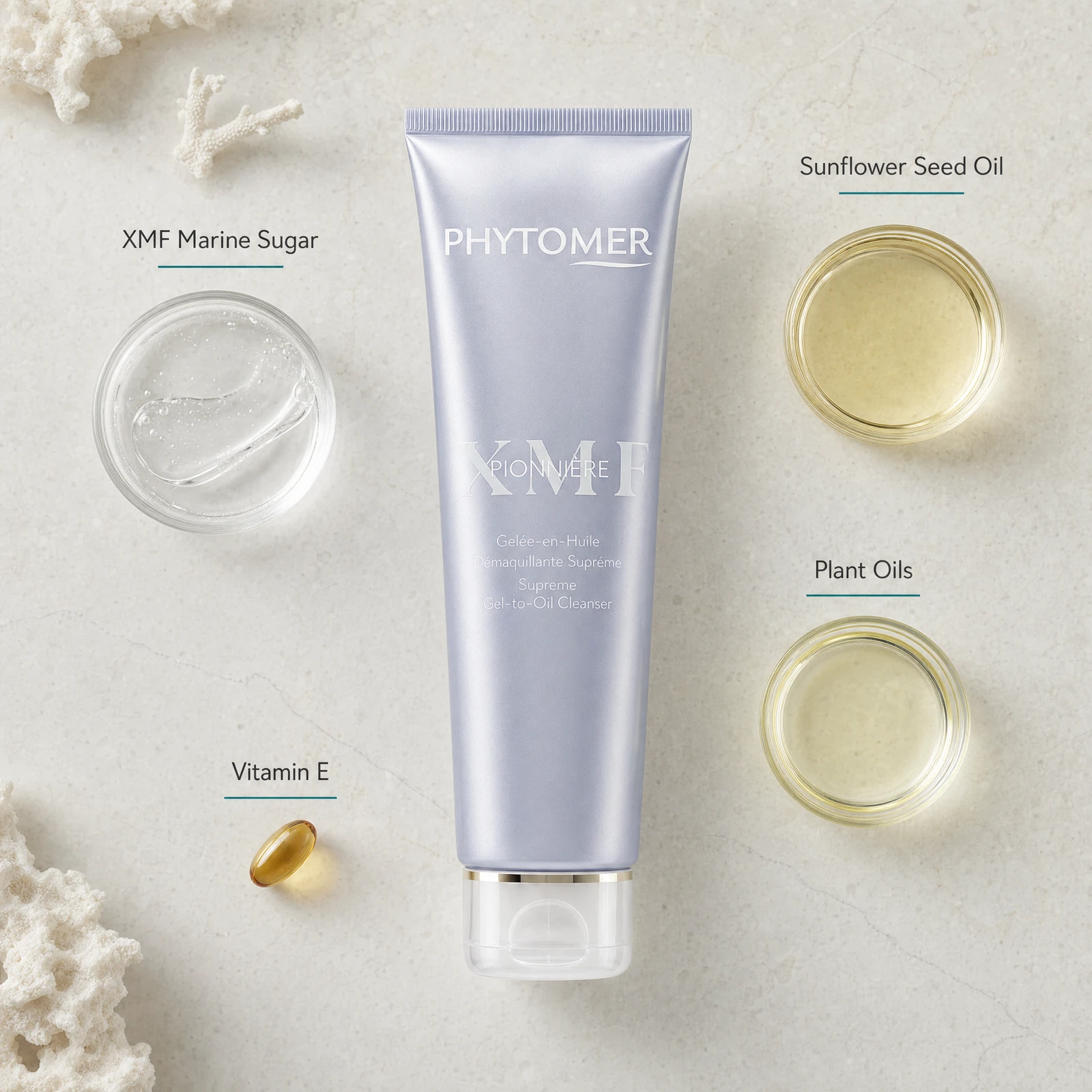 Phytomer Pionniere XMF Supreme Gel-to-Oil Cleanser 150ml with four benefit callouts: Gel-to-Oil-to-Milk Transformation, XMF Marine Sugar Smoothing, Removes Makeup and Impurities, Nourishes and Firms Skin