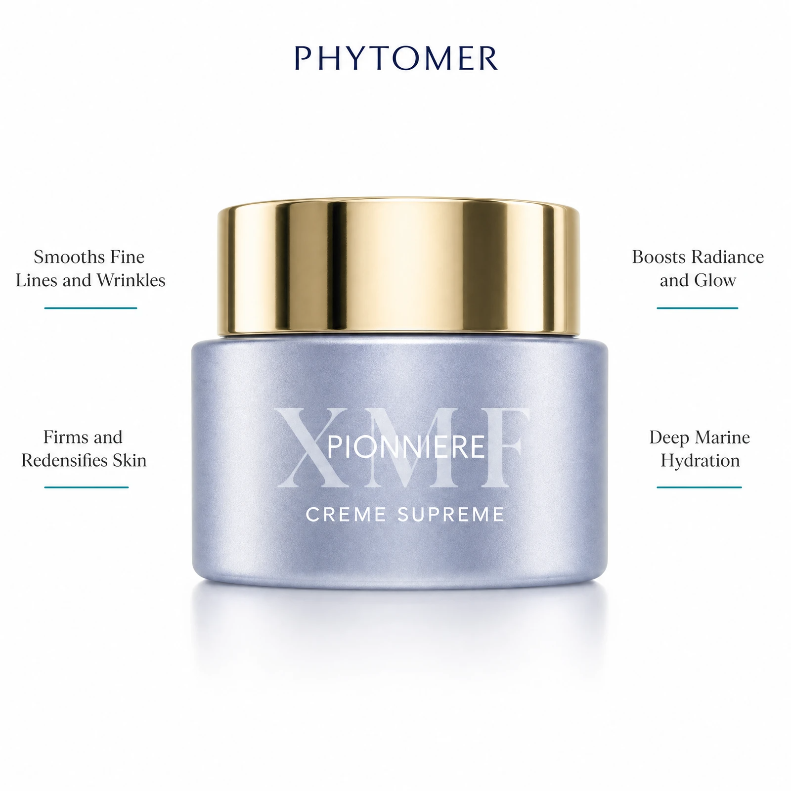 Phytomer Pionniere XMF Youth and Glow Supreme Cream 50ml with four benefit callouts: Smooths Fine Lines and Wrinkles, Firms and Redensifies Skin, Boosts Radiance and Glow, Deep Marine Hydration