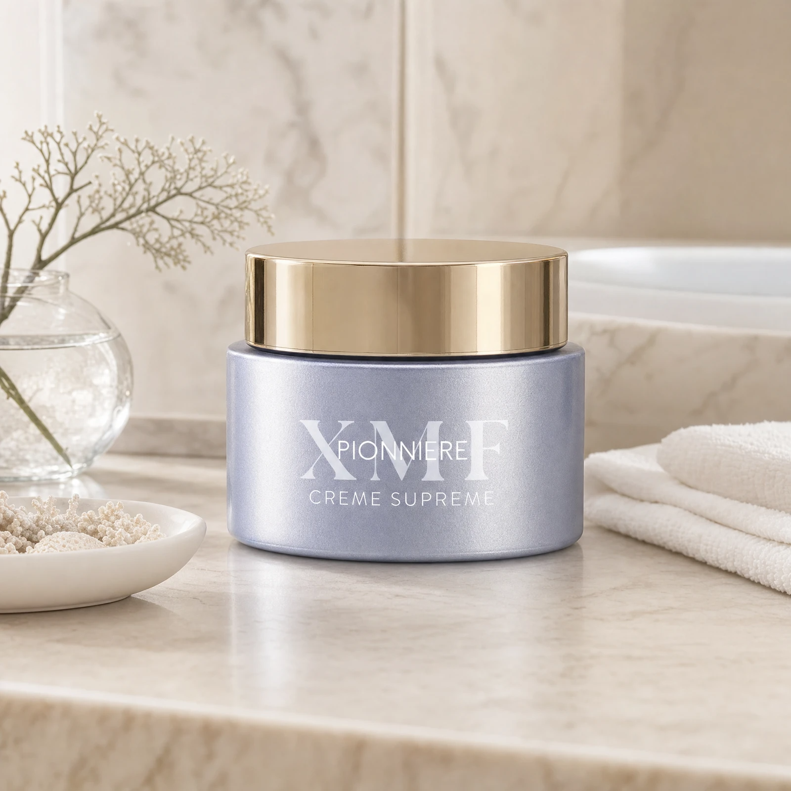 Phytomer Pionniere XMF Youth and Glow Supreme Cream 50ml on a marble bathroom vanity with glass vessel, coastal botanical, white towels and ceramic dish, premium at-home skincare setting