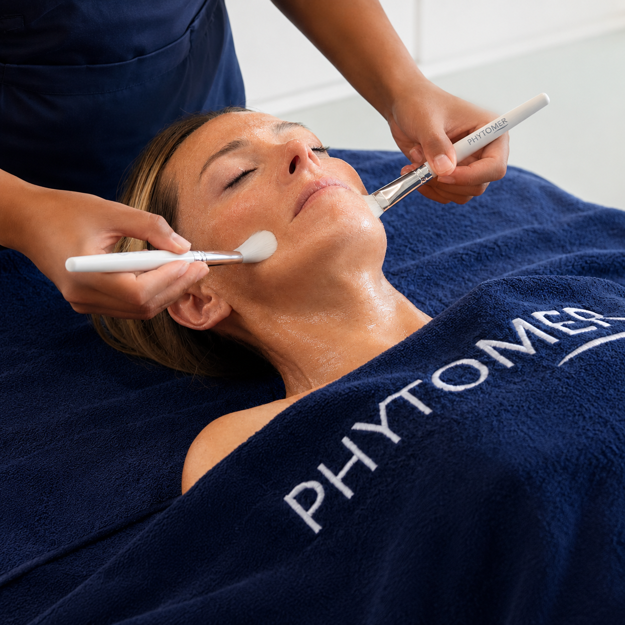 Phytomer professional facial treatment with therapist applying a skincare mask using brushes during a luxury spa facial treatment.