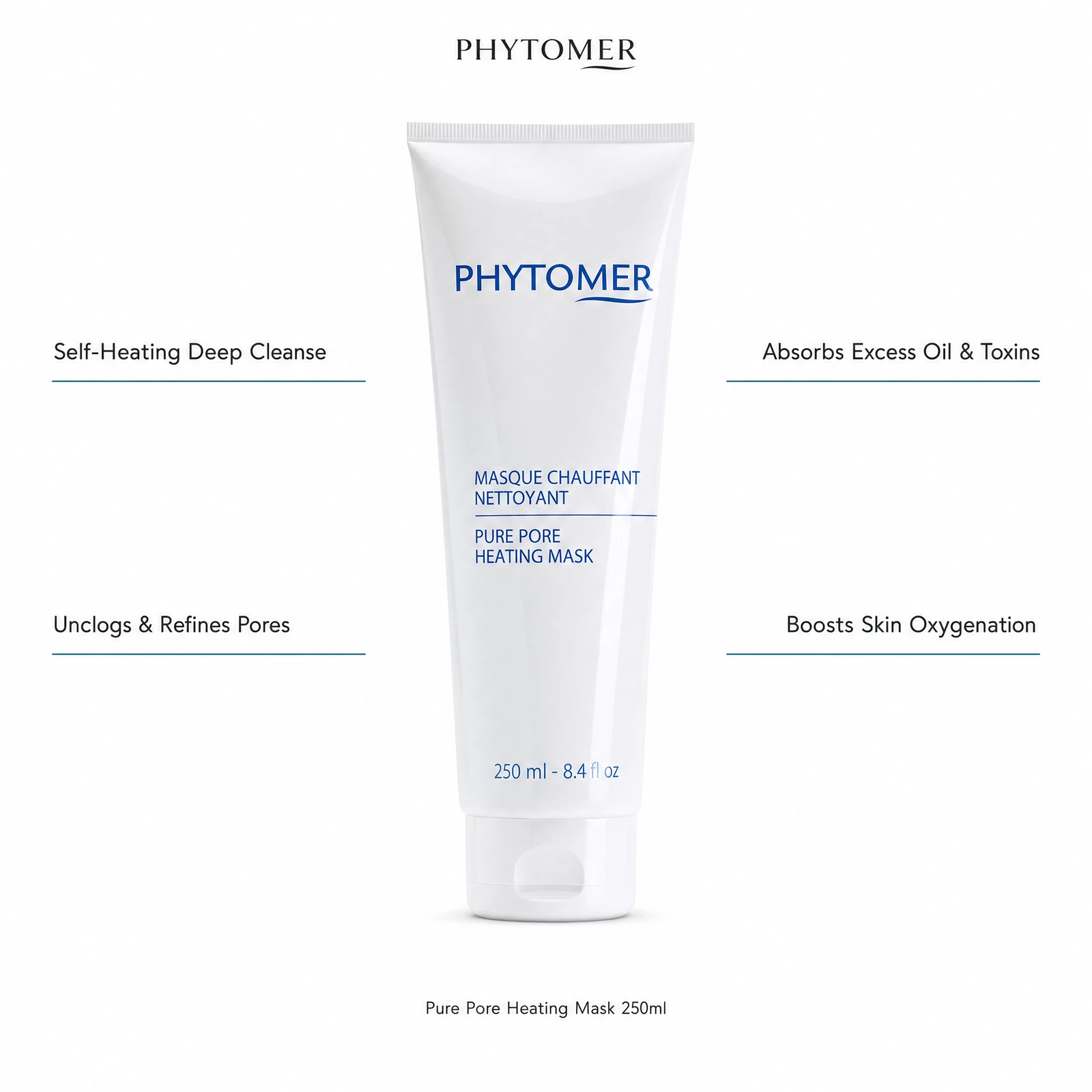 Phytomer Pure Pore Heating Mask 250ml with four professional benefit callouts: Self-Heating Deep Cleanse, Unclogs and Refines Pores, Absorbs Excess Oil and Toxins, Boosts Skin Oxygenation