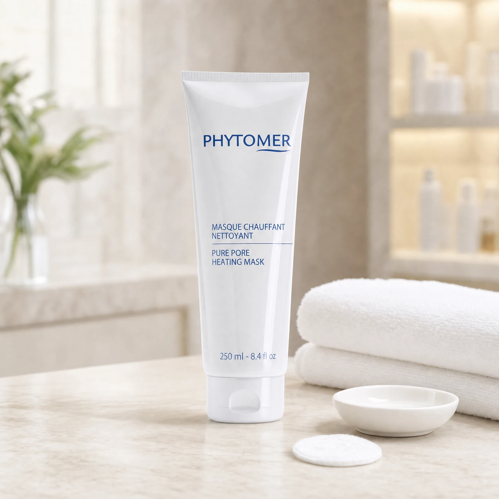 Phytomer Pure Pore Heating Mask 250ml professional tube on a premium beauty clinic marble counter with white spa towels, ceramic dish and cotton round