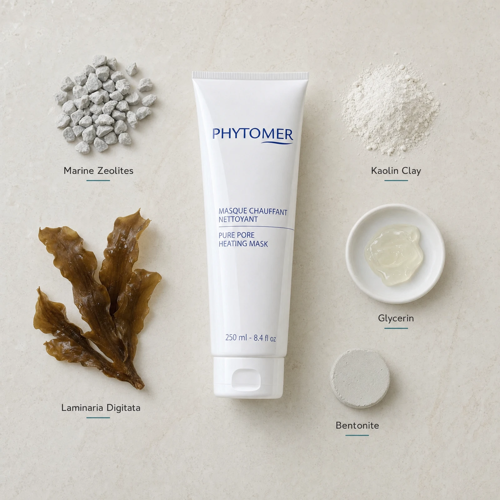 Phytomer Pure Pore Heating Mask 250ml flatlay with key ingredients including Marine Zeolites, Kaolin Clay, Laminaria Digitata brown algae, Glycerin and Bentonite