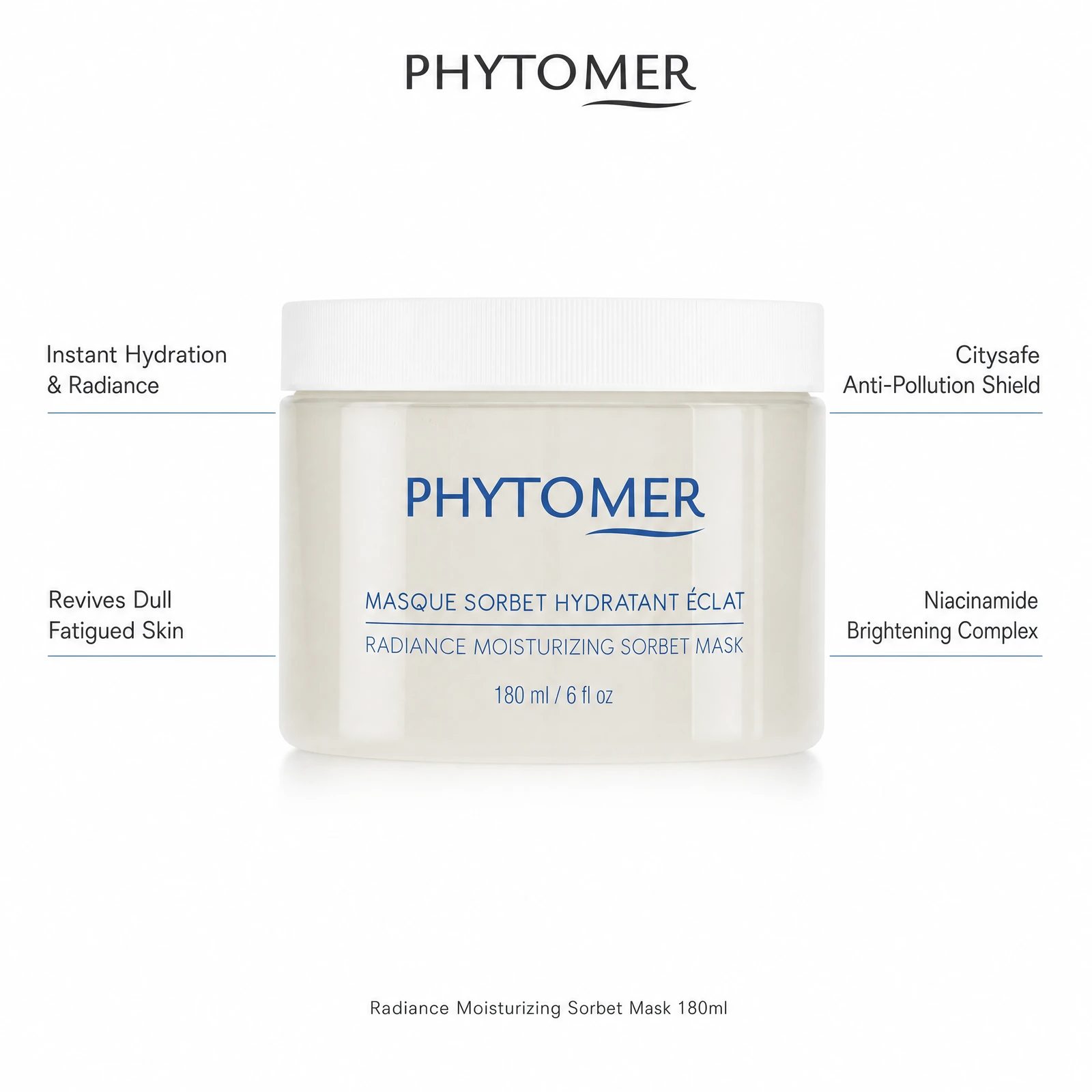 Phytomer Radiance Moisturizing Sorbet Mask 180ml with four professional benefit callouts: Instant Hydration and Radiance, Revives Dull Fatigued Skin, Citysafe Anti-Pollution Shield, Niacinamide Brightening Complex