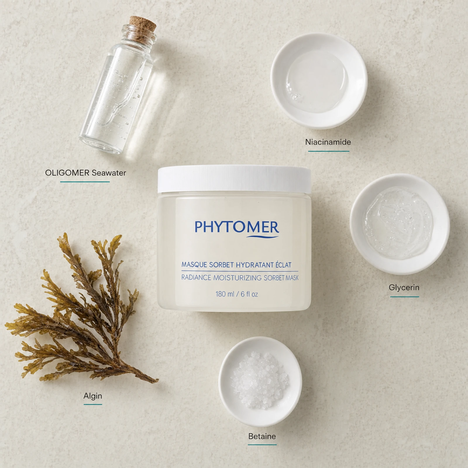 Phytomer Radiance Moisturizing Sorbet Mask 180ml flatlay with key ingredients including OLIGOMER Seawater, Niacinamide, Glycerin, Algin marine algae and Betaine