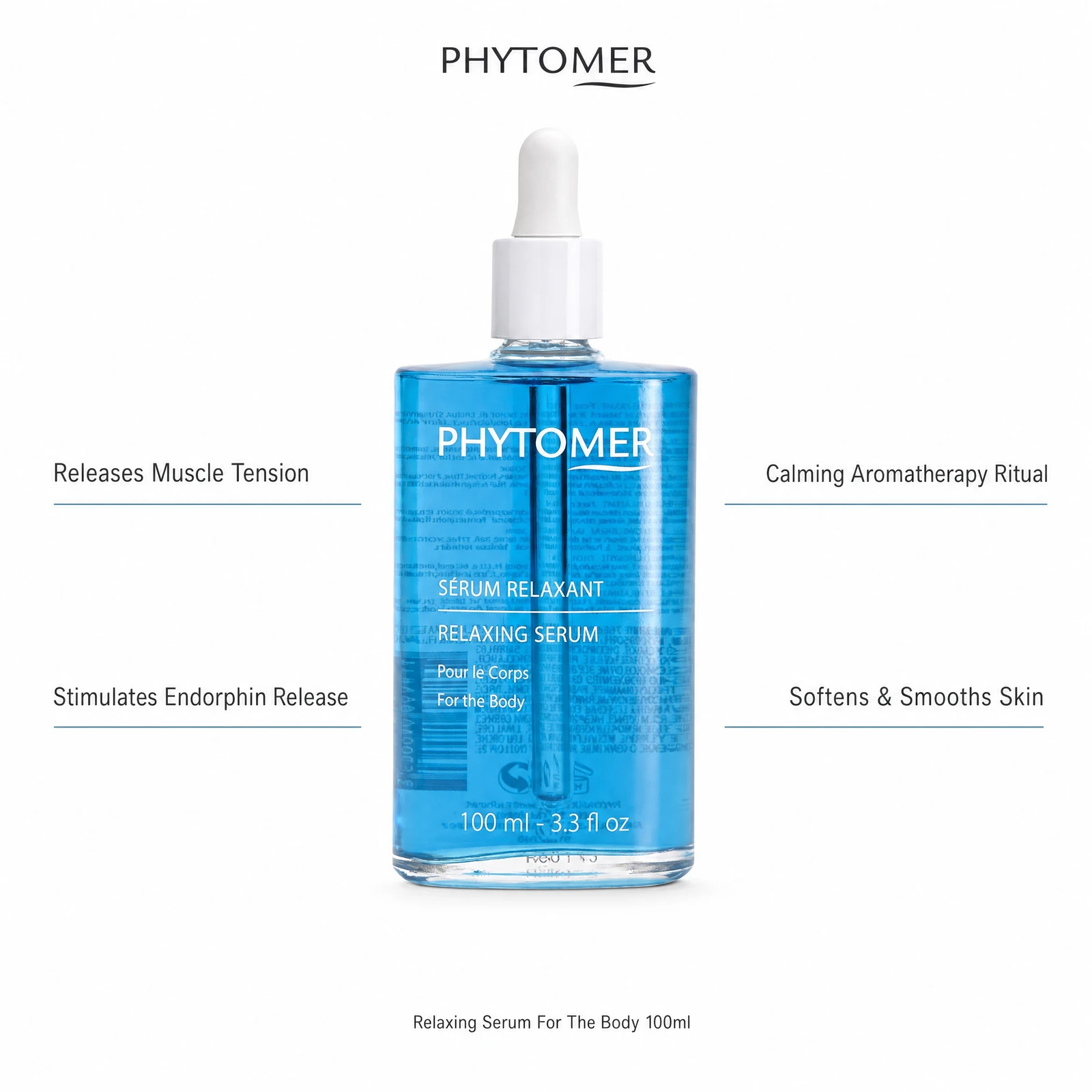 Phytomer Relaxing Serum for the Body 100ml with four professional benefit callouts: Releases Muscle Tension, Stimulates Endorphin Release, Calming Aromatherapy Ritual, Softens and Smooths Skin