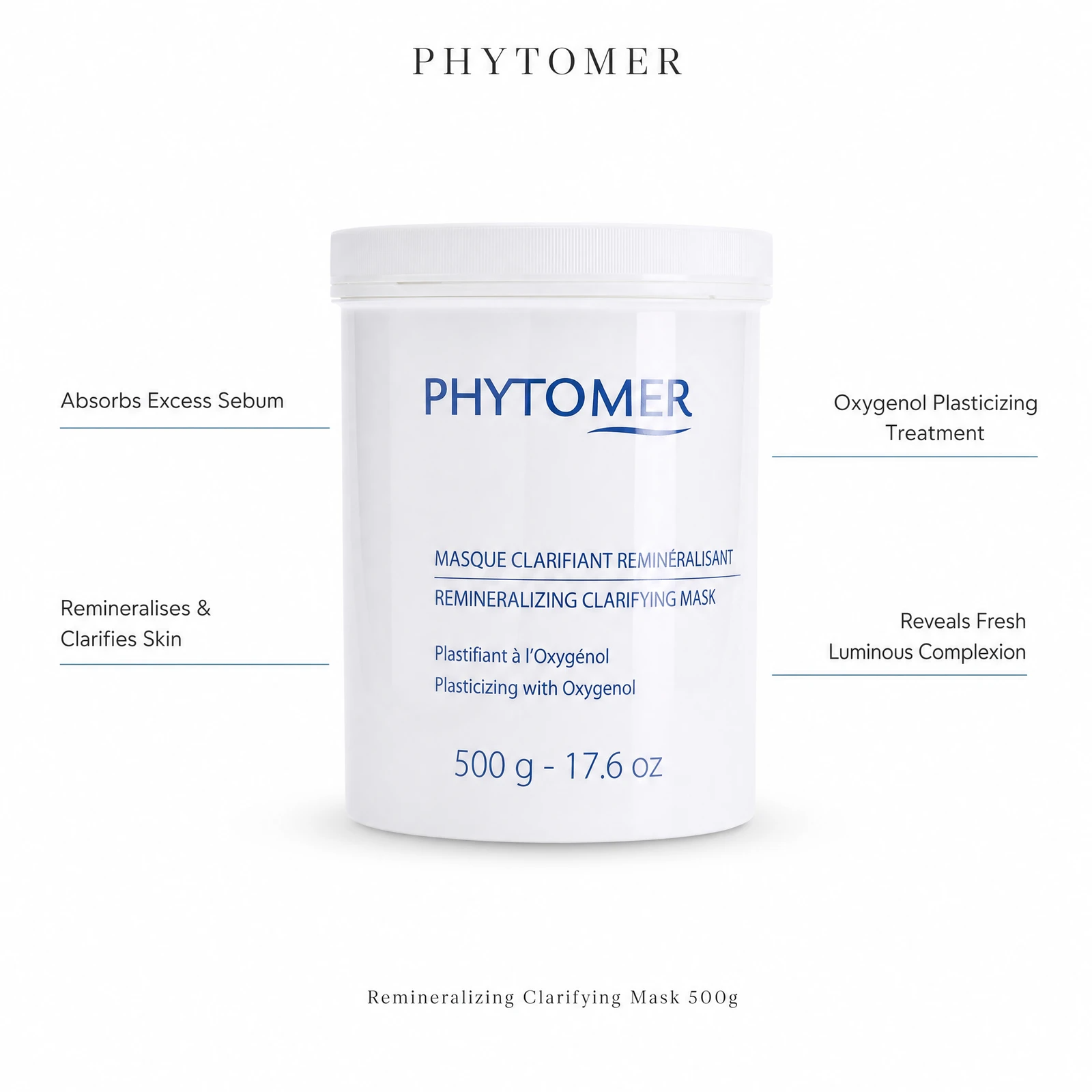 Phytomer Remineralizing Clarifying Mask 500g with four professional benefit callouts: Absorbs Excess Sebum, Remineralises and Clarifies Skin, Oxygenol Plasticizing Treatment, Reveals Fresh Luminous Complexion