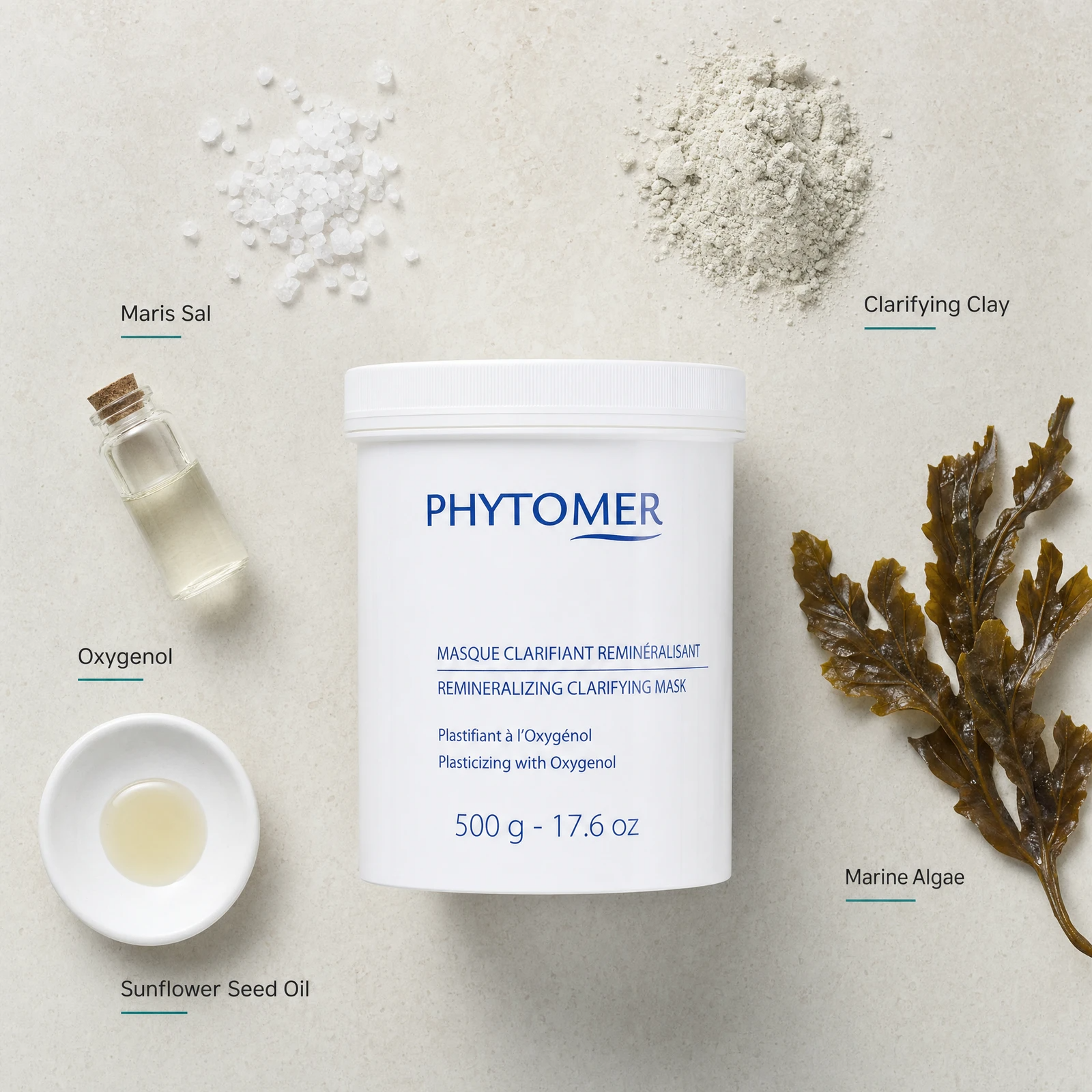 Phytomer Remineralizing Clarifying Mask 500g flatlay with key ingredients including Maris Sal sea salt, Clarifying Clay, Marine Algae, Oxygenol and Sunflower Seed Oil