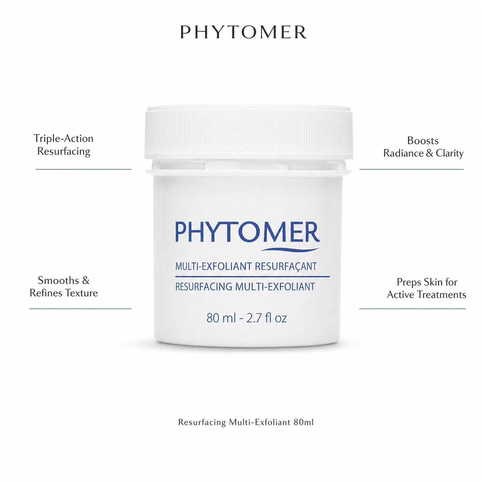 Phytomer Resurfacing Multi-Exfoliant 80ml with four professional benefit callouts: Triple-Action Resurfacing, Smooths and Refines Texture, Boosts Radiance and Clarity, Preps Skin for Active Treatments