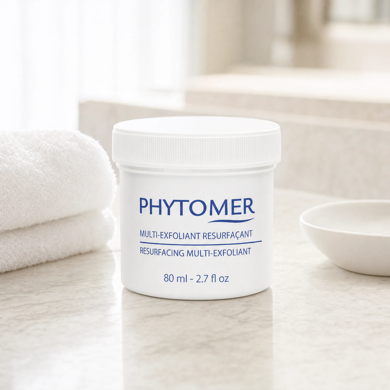Phytomer Resurfacing Multi-Exfoliant 80ml professional jar on a premium beauty clinic marble counter with white spa towels and ceramic dish