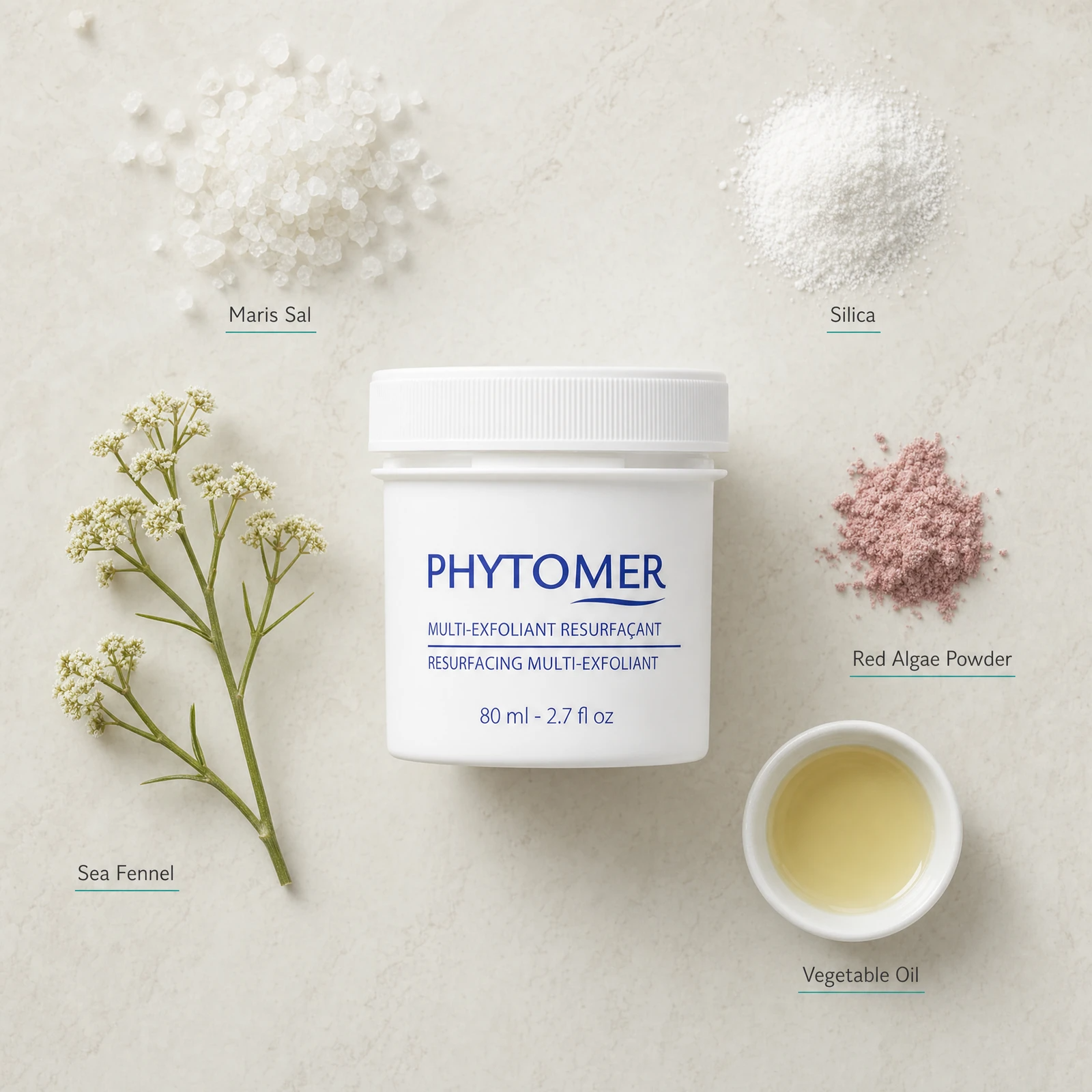 Phytomer Resurfacing Multi-Exfoliant 80ml flatlay with key ingredients including Maris Sal sea salt, Silica, Sea Fennel, Red Algae Powder and Vegetable Oil