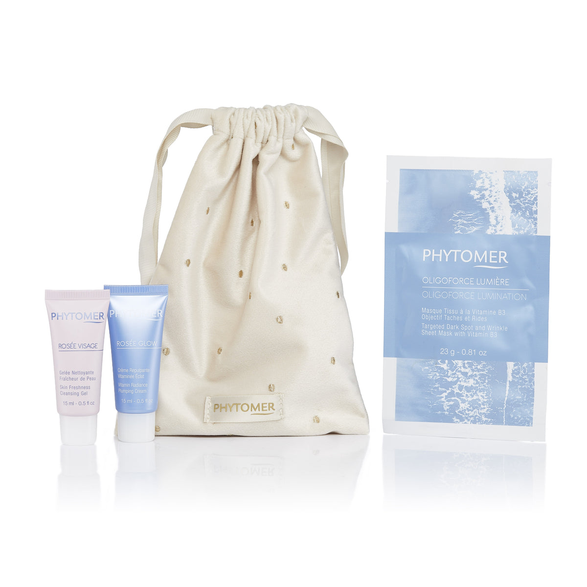 Phytomer Ritual Glow Gift Set with Rosee Visage cleansing gel, Rosee Glow cream, Oligoforce Lumination sheet mask and a white drawstring pouch.