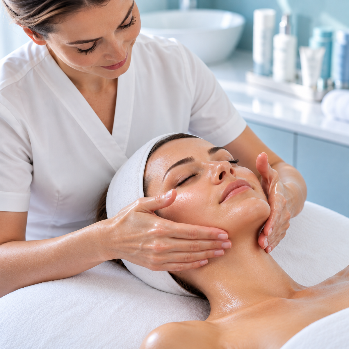 Professional therapist performing the facial massage stage of the PHYTOMER ROSÉE GLOW treatment using controlled jawline and cheek movements