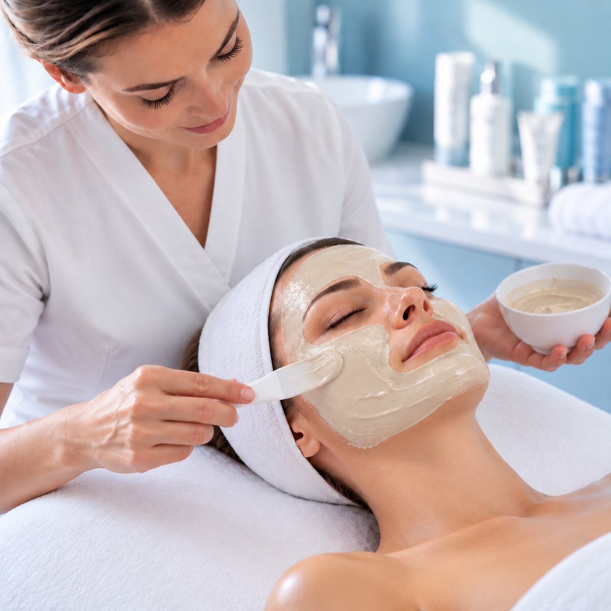 Professional therapist applying the plasticising mask during the PHYTOMER ROSÉE GLOW facial treatment