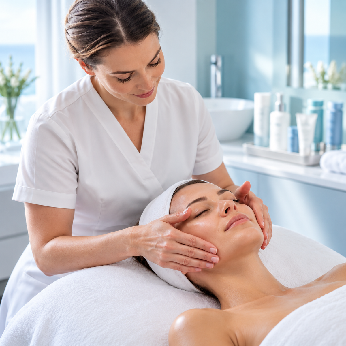 Professional therapist performing the PHYTOMER ROSÉE GLOW facial on a client in a refined clinic treatment room