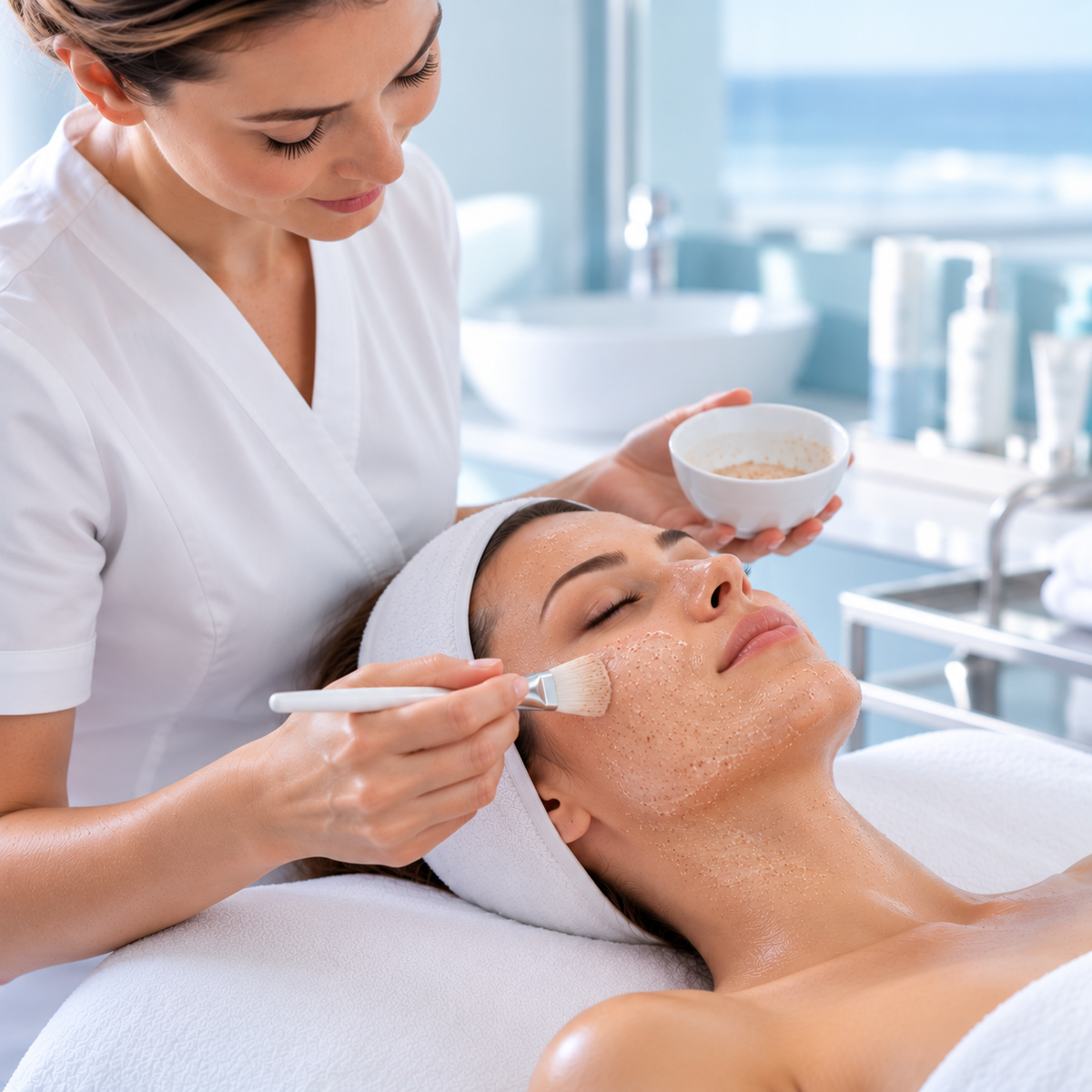 Professional therapist performing the scrub-to-oil exfoliation stage of the PHYTOMER ROSÉE GLOW facial
