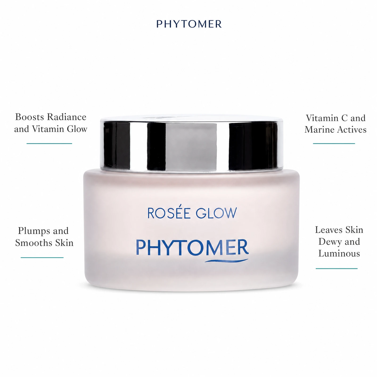 Phytomer Rosée Glow Vitamin Radiance Plumping Cream with four benefit callouts: Boosts Radiance and Vitamin Glow, Plumps and Smooths Skin, Vitamin C and Marine Actives, Leaves Skin Dewy and Luminous