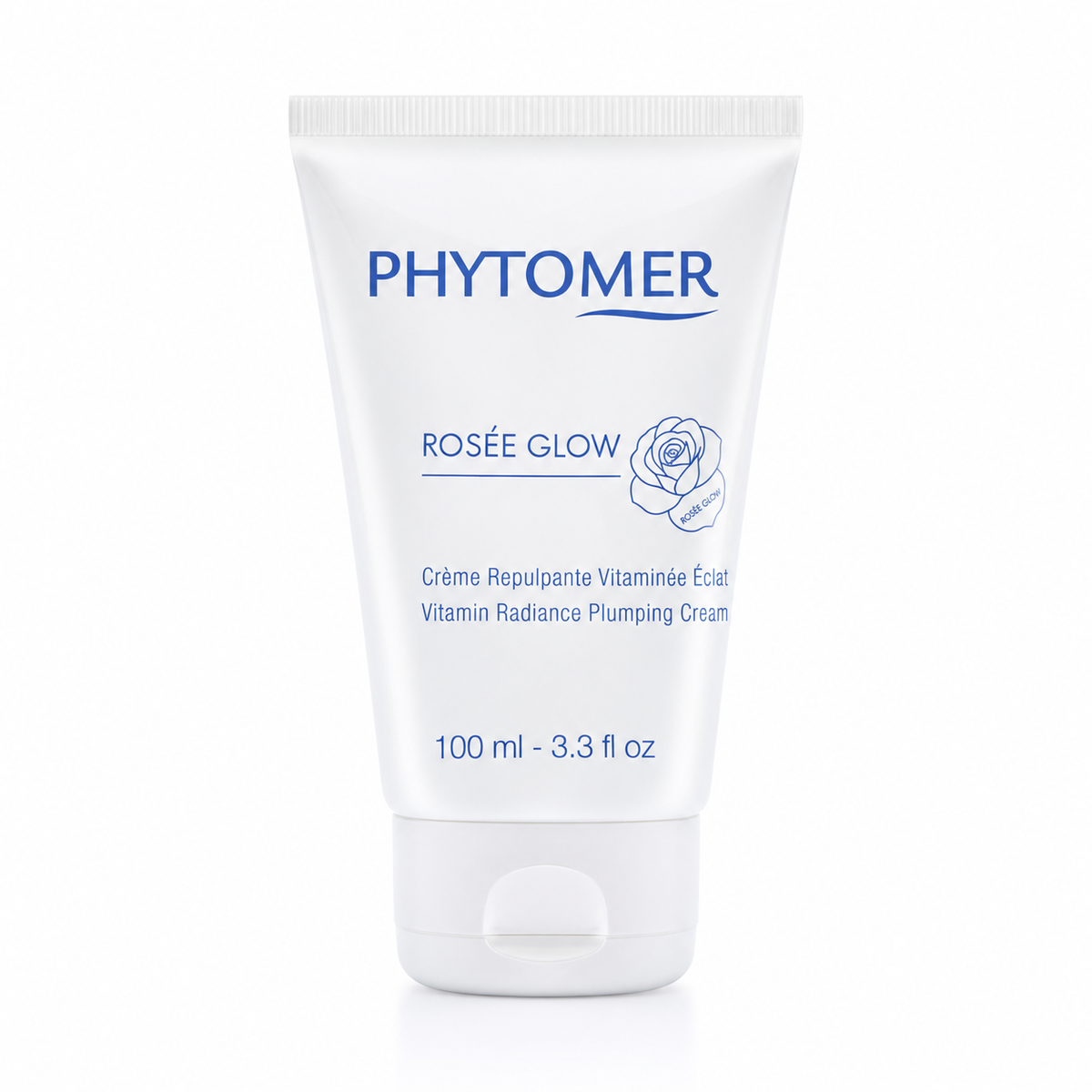 PHYTOMER Rosée Glow Vitamin Radiance Plumping Cream professional 100 ml tube on a square white background.