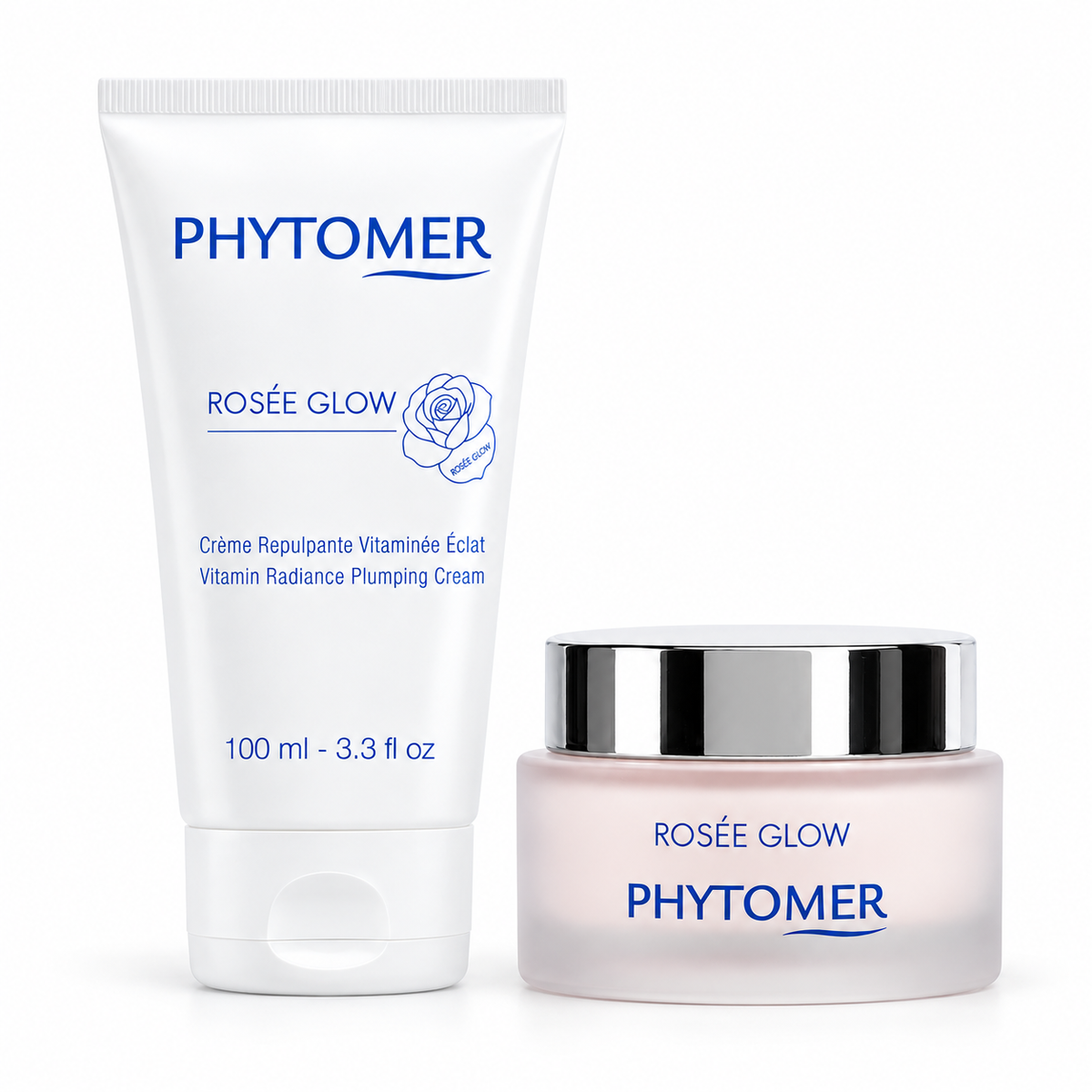 PHYTOMER Rosée Glow Vitamin Radiance Plumping Cream professional 100 ml tube and retail 50 ml jar on a clean white background.