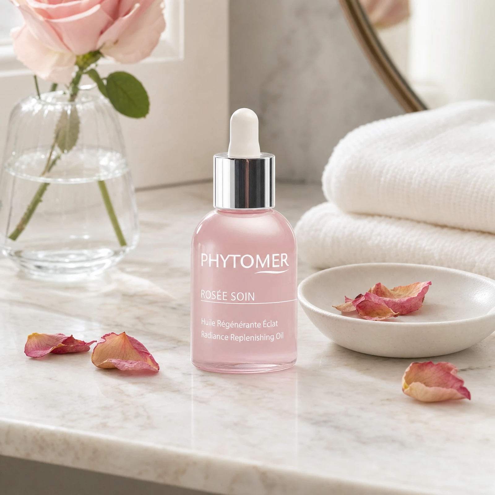 Phytomer Rosee Soin Radiance Replenishing Oil 30ml on a marble bathroom vanity with fresh rose in glass vessel, rose petals, white towels and ceramic dish, premium at-home skincare setting