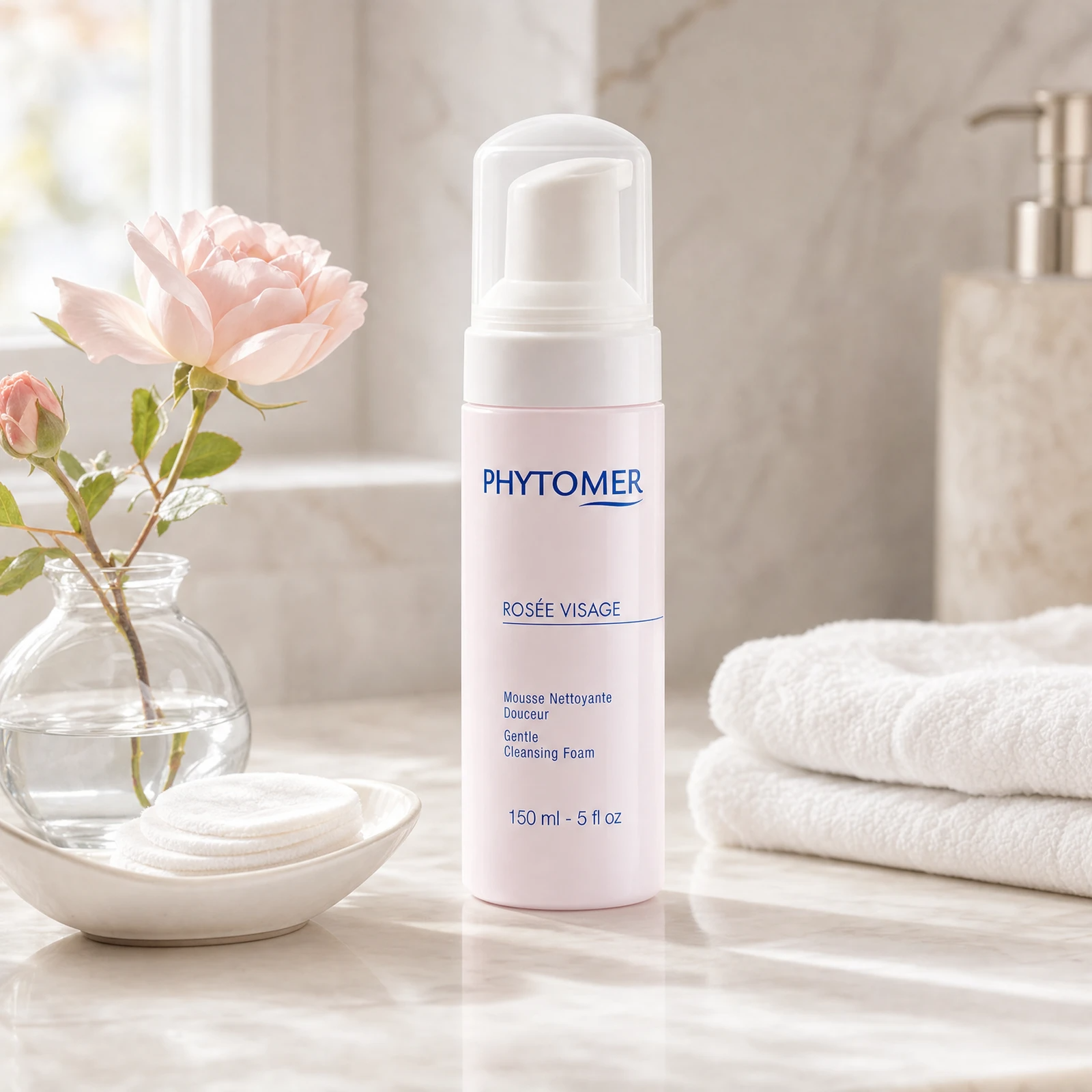 Phytomer Rosee Visage Gentle Cleansing Foam 150ml on a marble bathroom vanity with fresh rose, cotton pads, glass vessel and white towels, premium at-home skincare setting